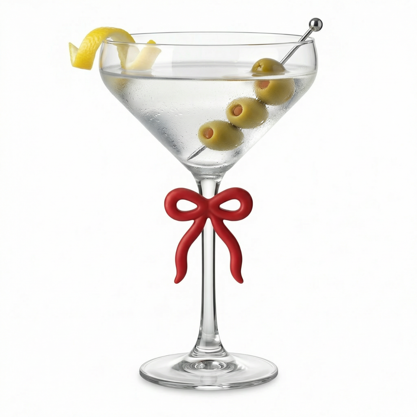 Single Clear Martini Glass with Red Bow on Stem, One Piece
