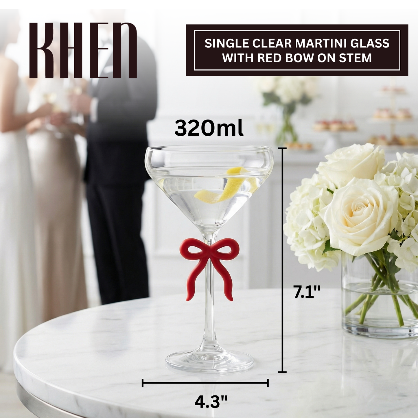 Single Clear Martini Glass with Red Bow on Stem, One Piece