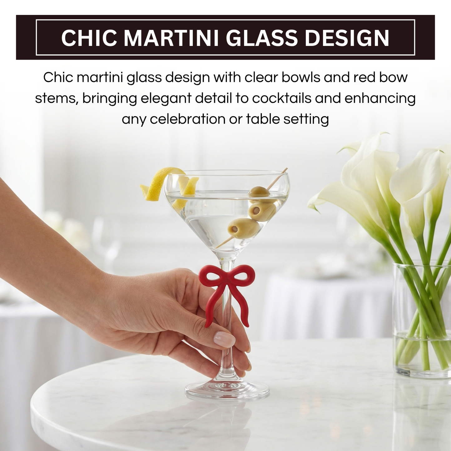 Single Clear Martini Glass with Red Bow on Stem, One Piece
