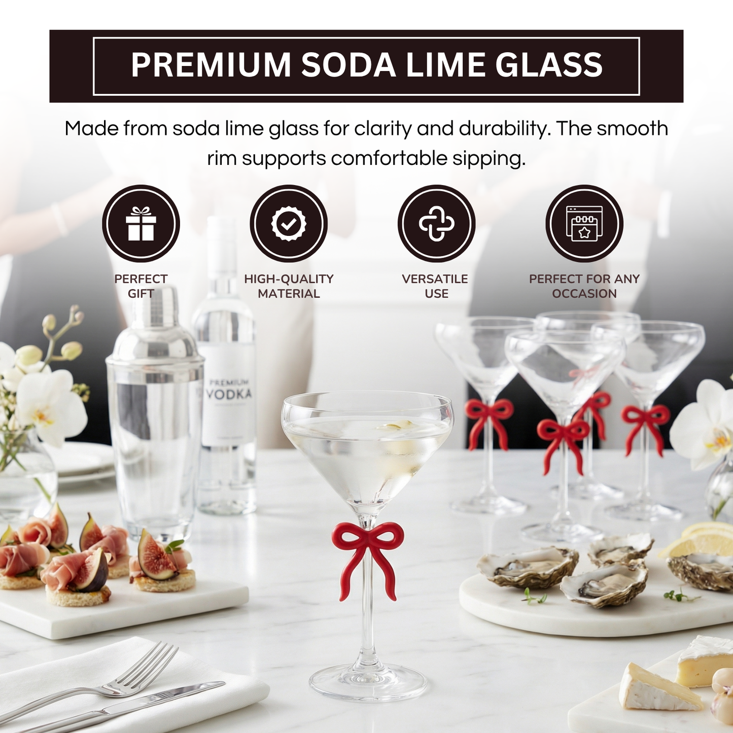 Single Clear Martini Glass with Red Bow on Stem, One Piece