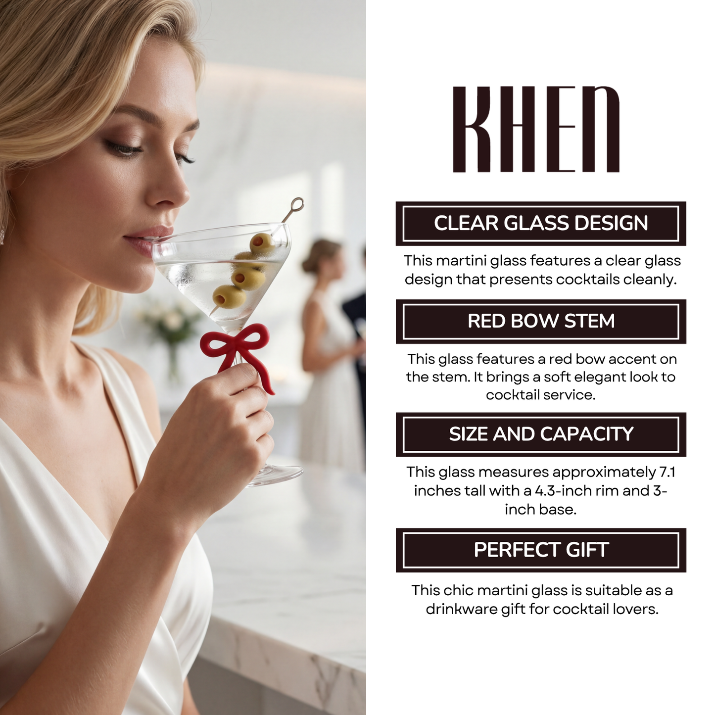 Single Clear Martini Glass with Red Bow on Stem, One Piece