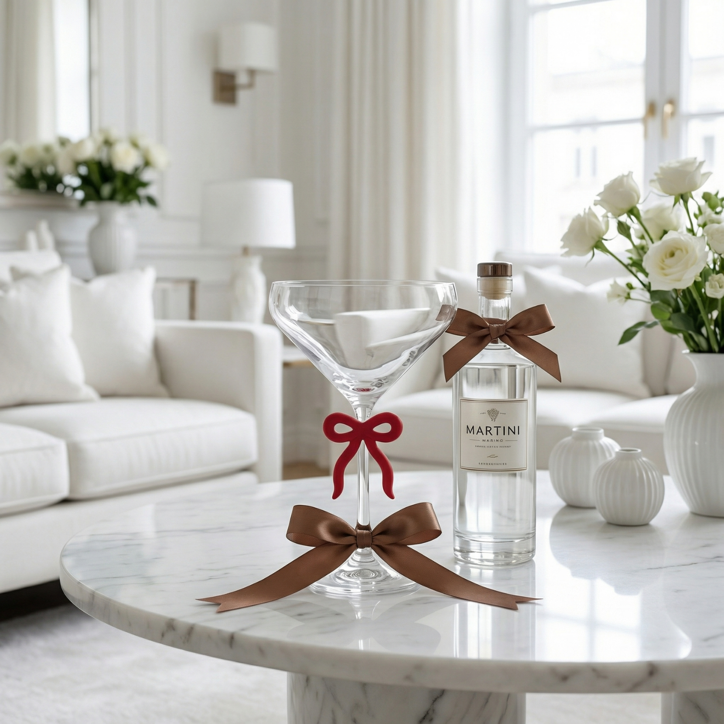Single Clear Martini Glass with Red Bow on Stem, One Piece