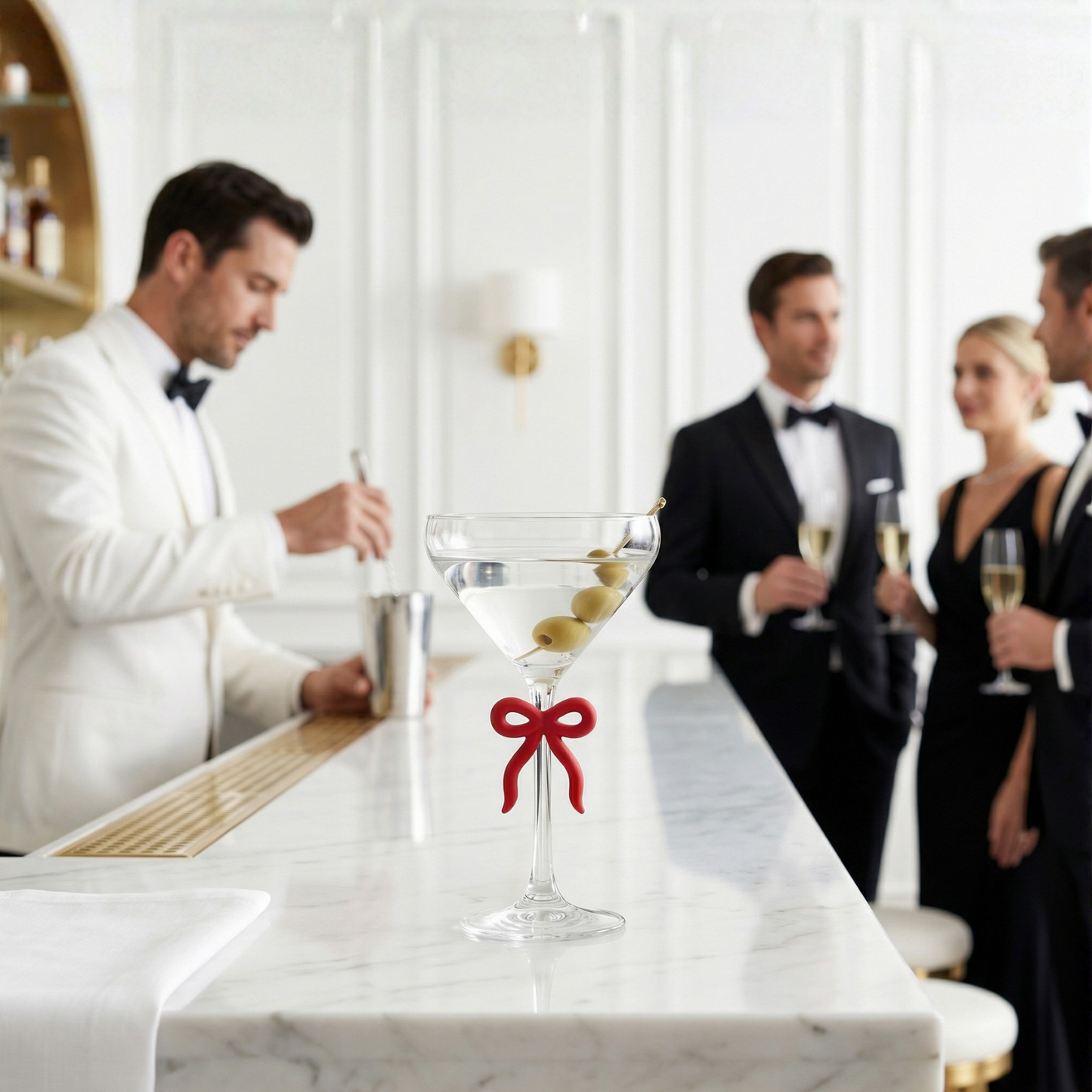 Single Clear Martini Glass with Red Bow on Stem, One Piece