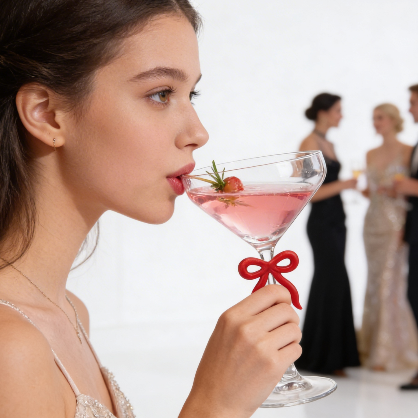 Single Clear Martini Glass with Red Bow on Stem, One Piece