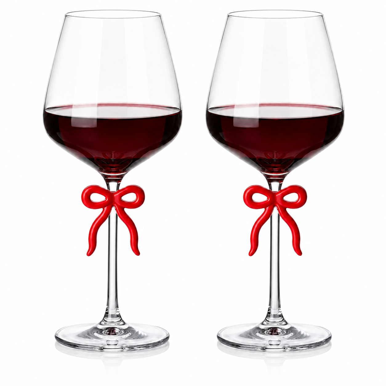 Large Clear Wine Glass with Red Bow on Stem, Set of 2