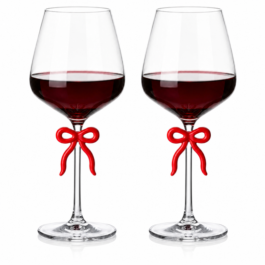 Large Clear Wine Glass with Red Bow on Stem, Set of 2