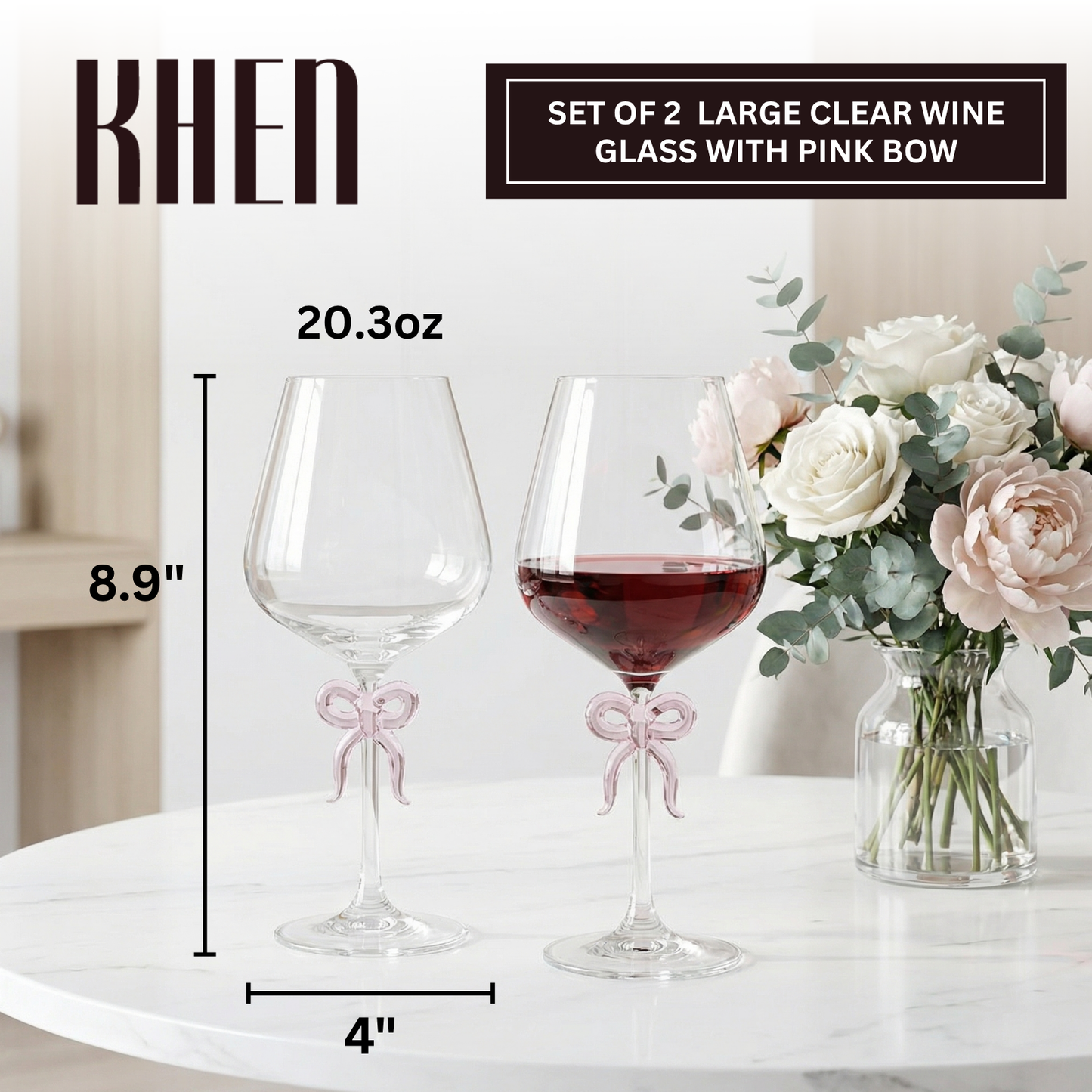 Large Clear Wine Glass with Pink Bow on Stem, Set of 2