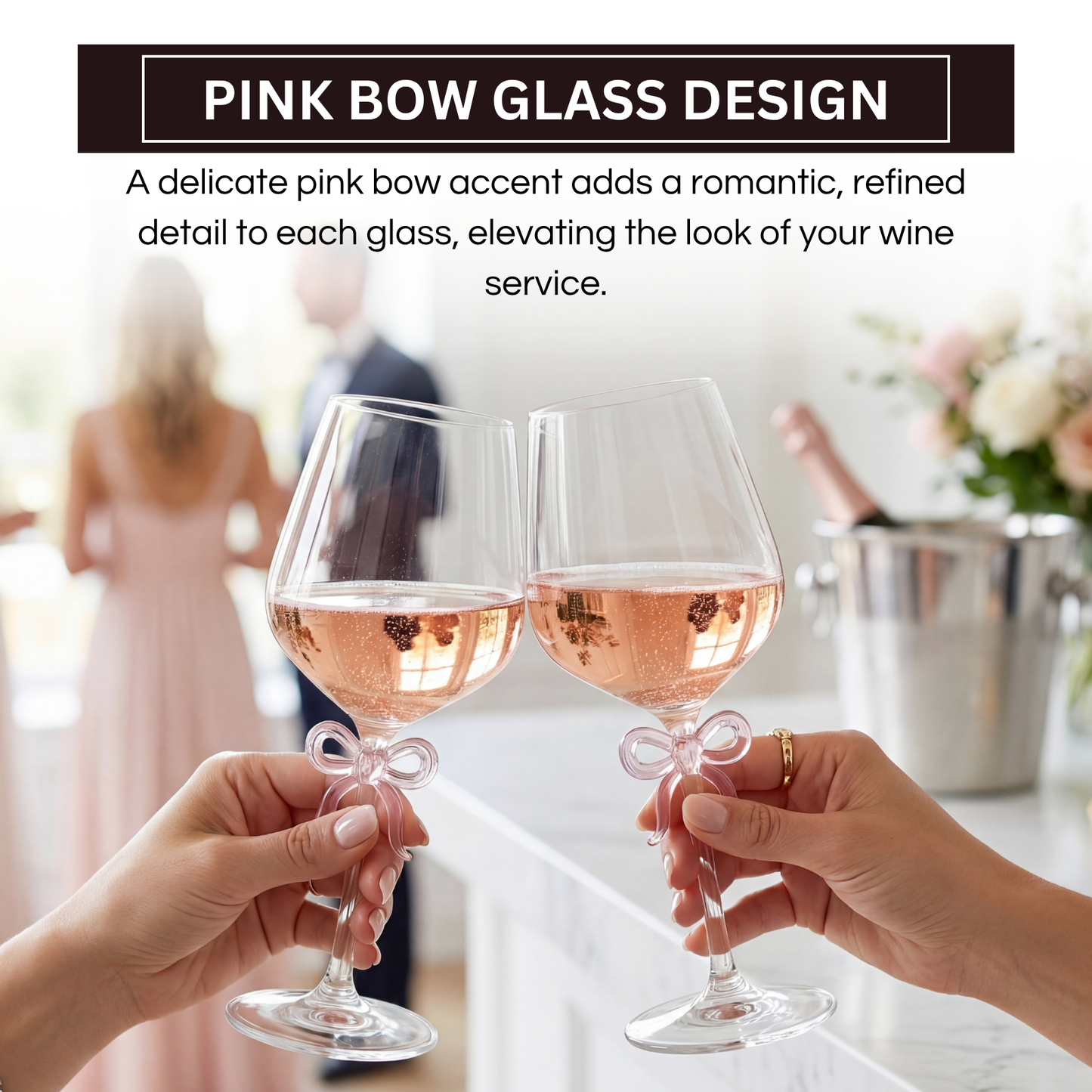 Large Clear Wine Glass with Pink Bow on Stem, Set of 2