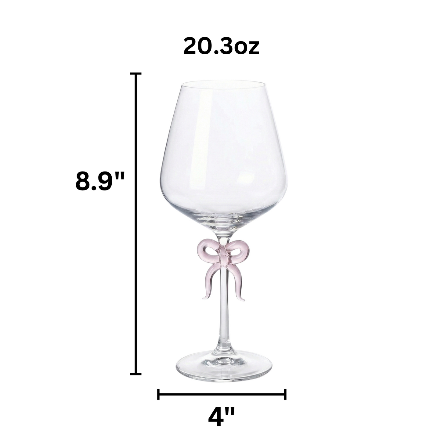Large Clear Wine Glass with Pink Bow on Stem, Set of 2