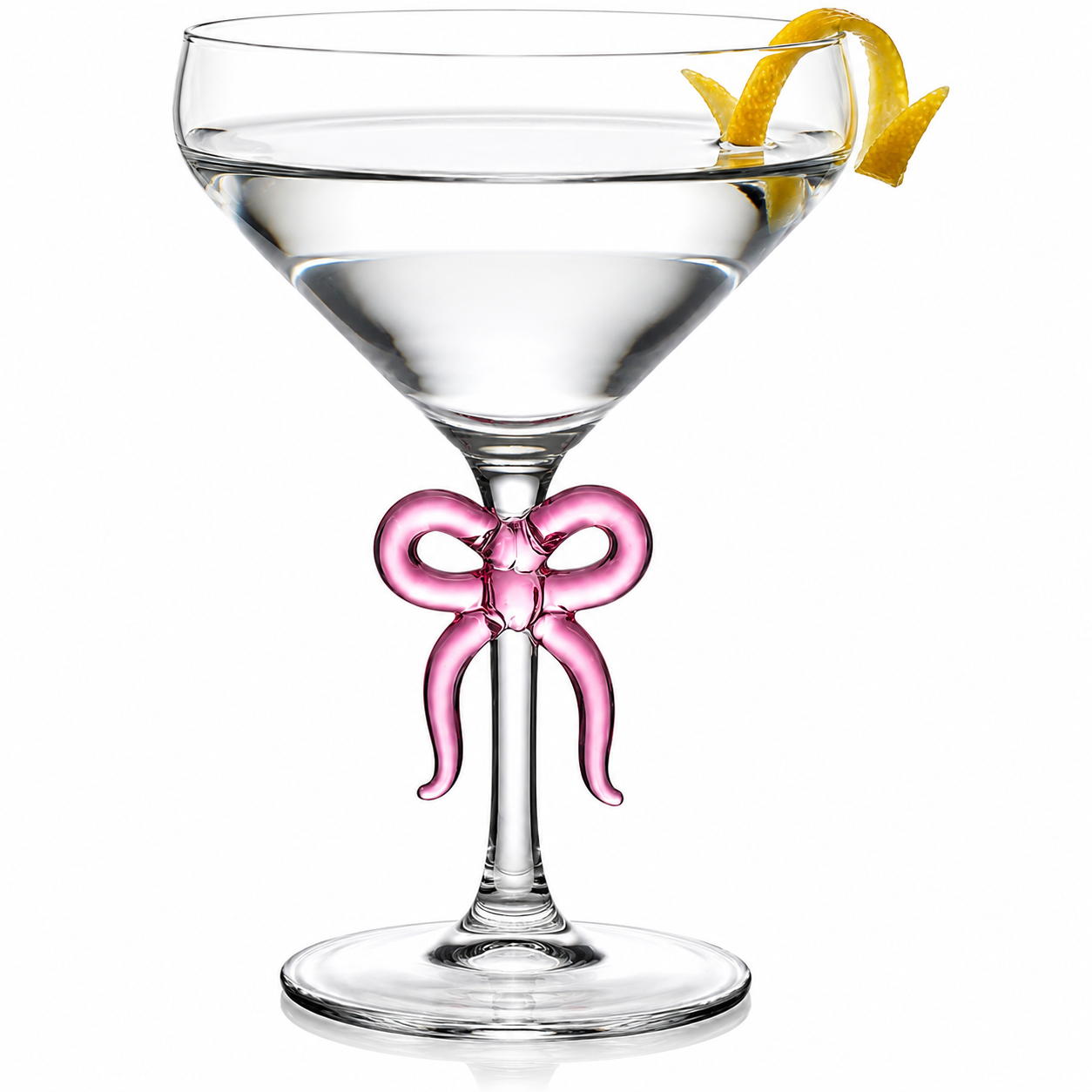 Single Clear Martini Glass with Pink Bow on Stem, One Piece
