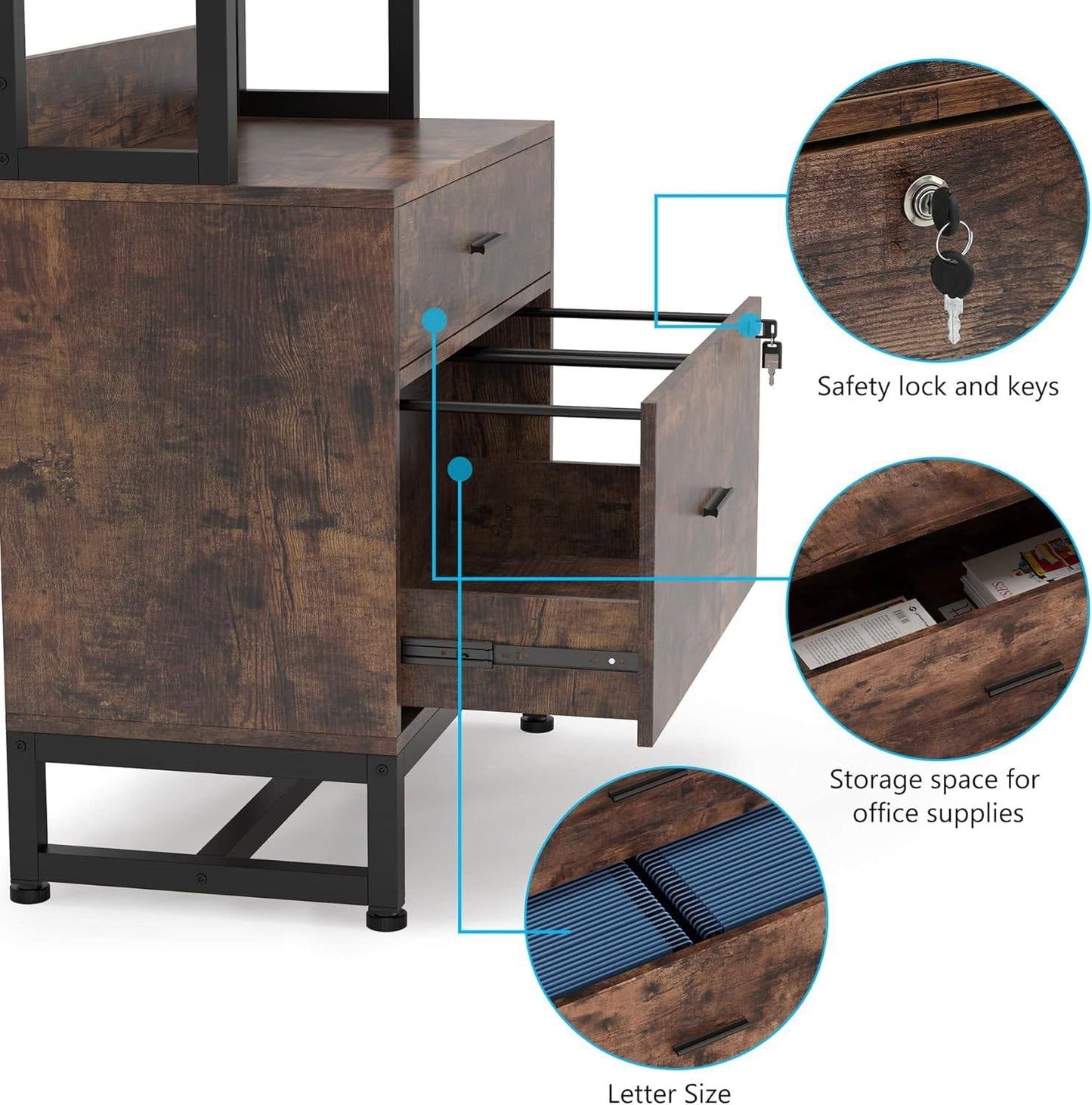Home Office Lockable 2 Drawer Filing Cabinet Bookshelf in Brown Wood Finish