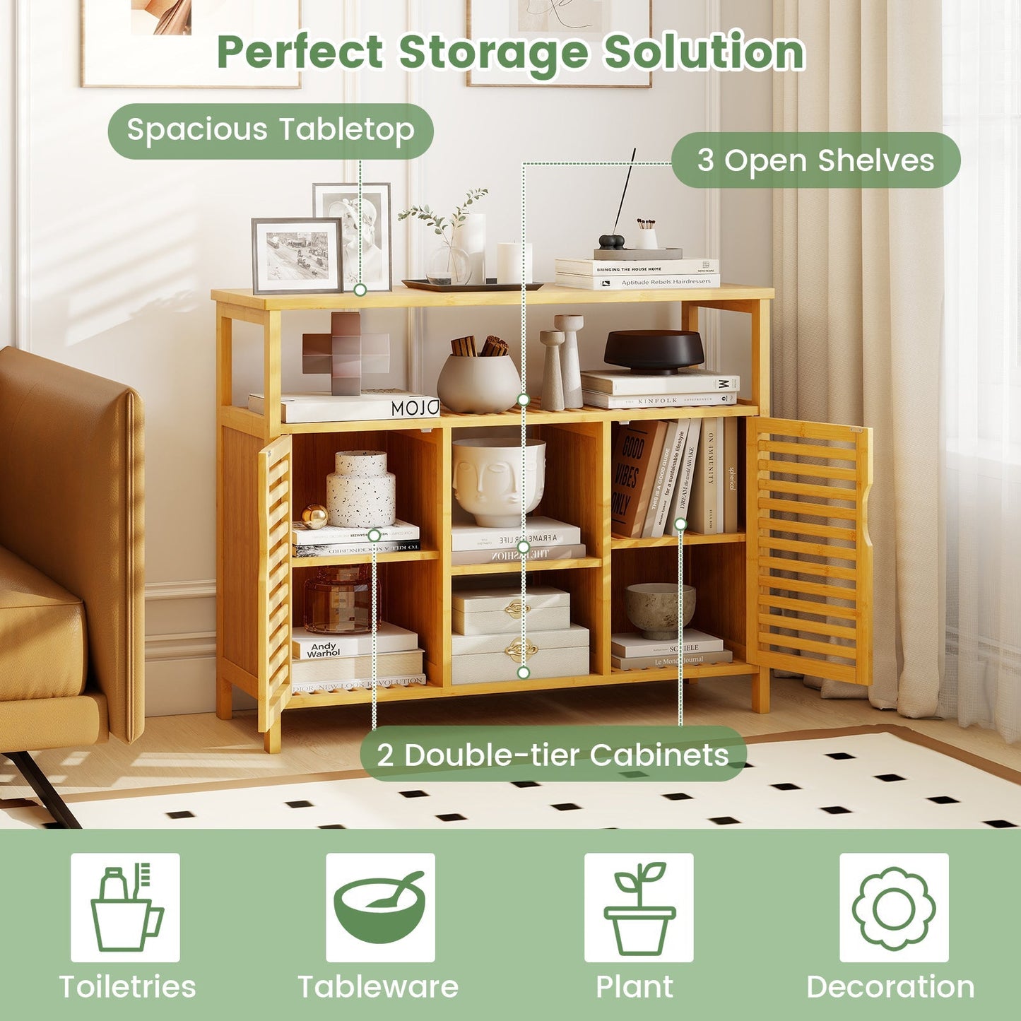 Bamboo Bathroom Cabinet with Shelves and Doors-Natural