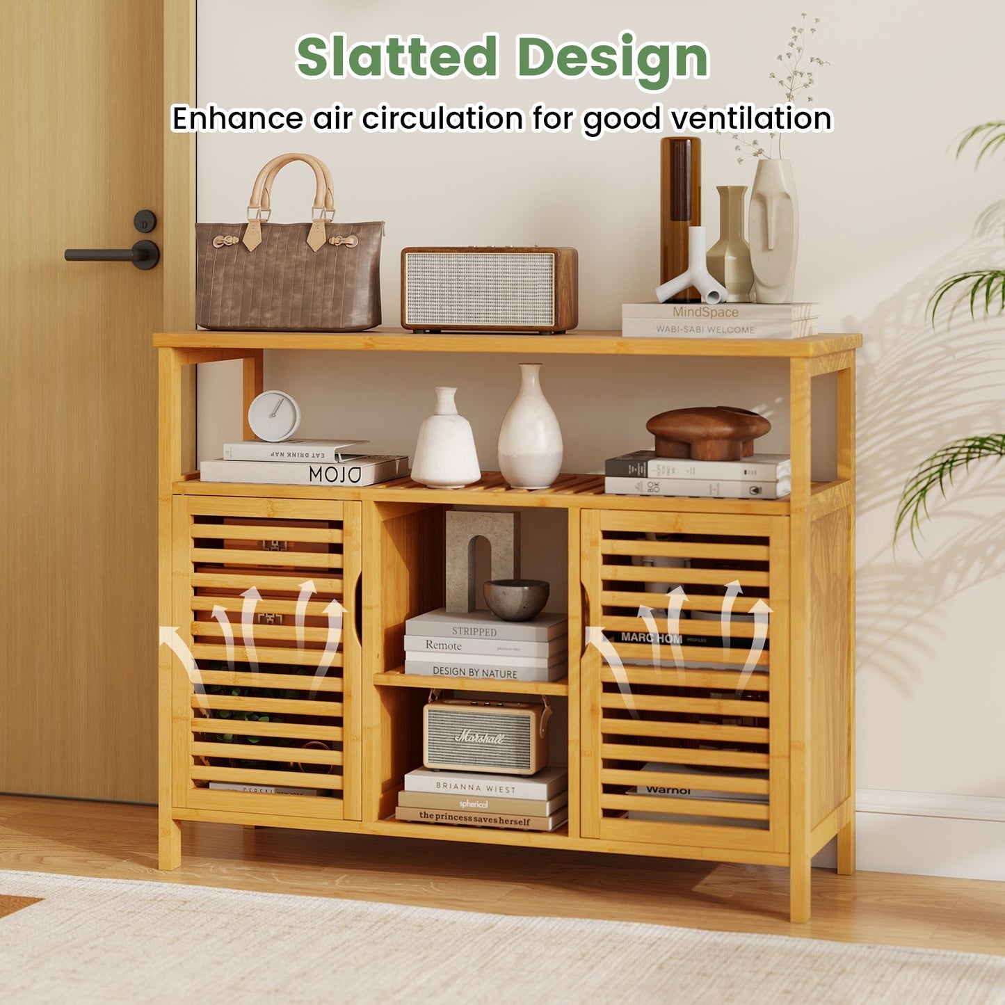 Bamboo Bathroom Cabinet with Shelves and Doors-Natural