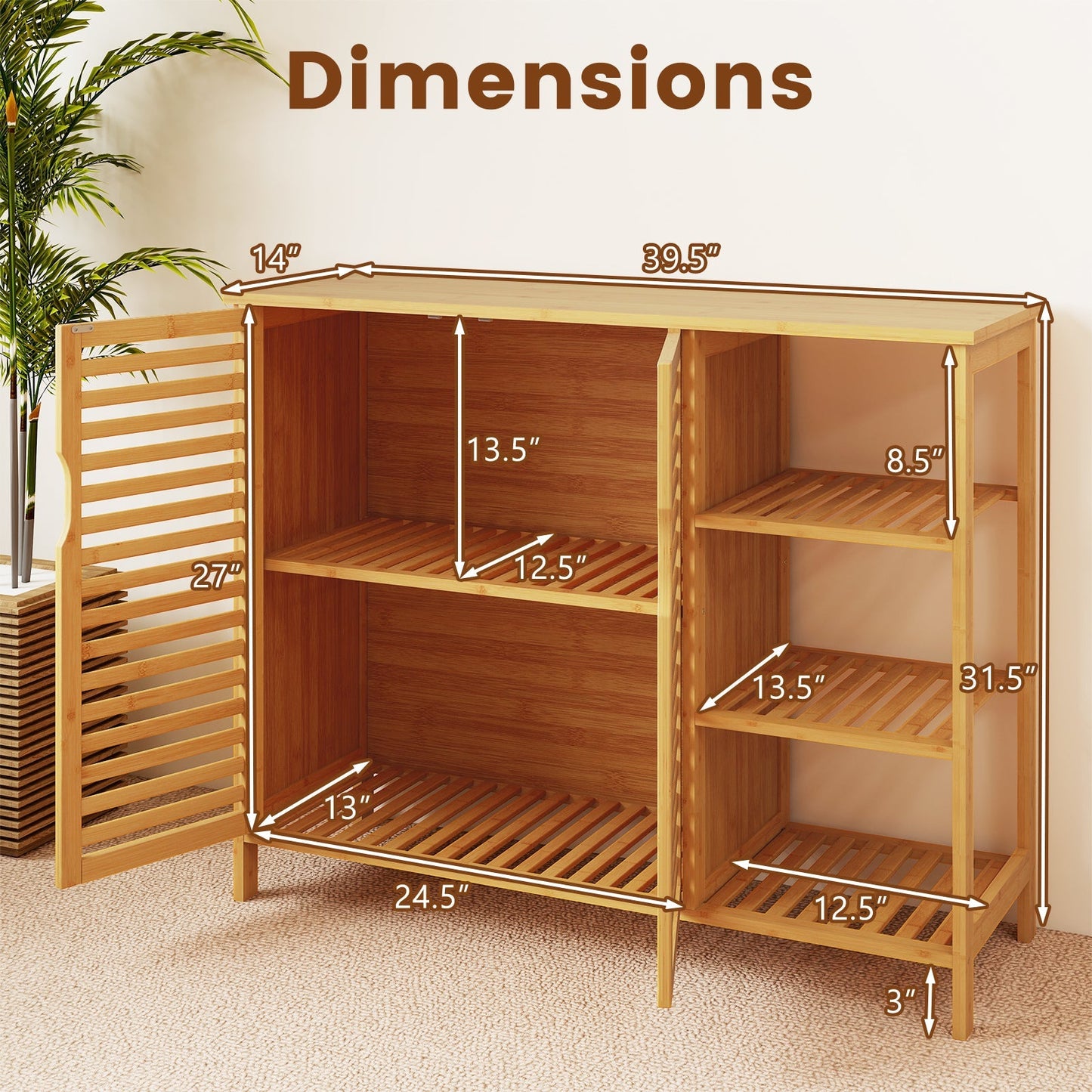 Bamboo Bathroom Cabinet 2-Door Storage Organizer with Shelves-Natural