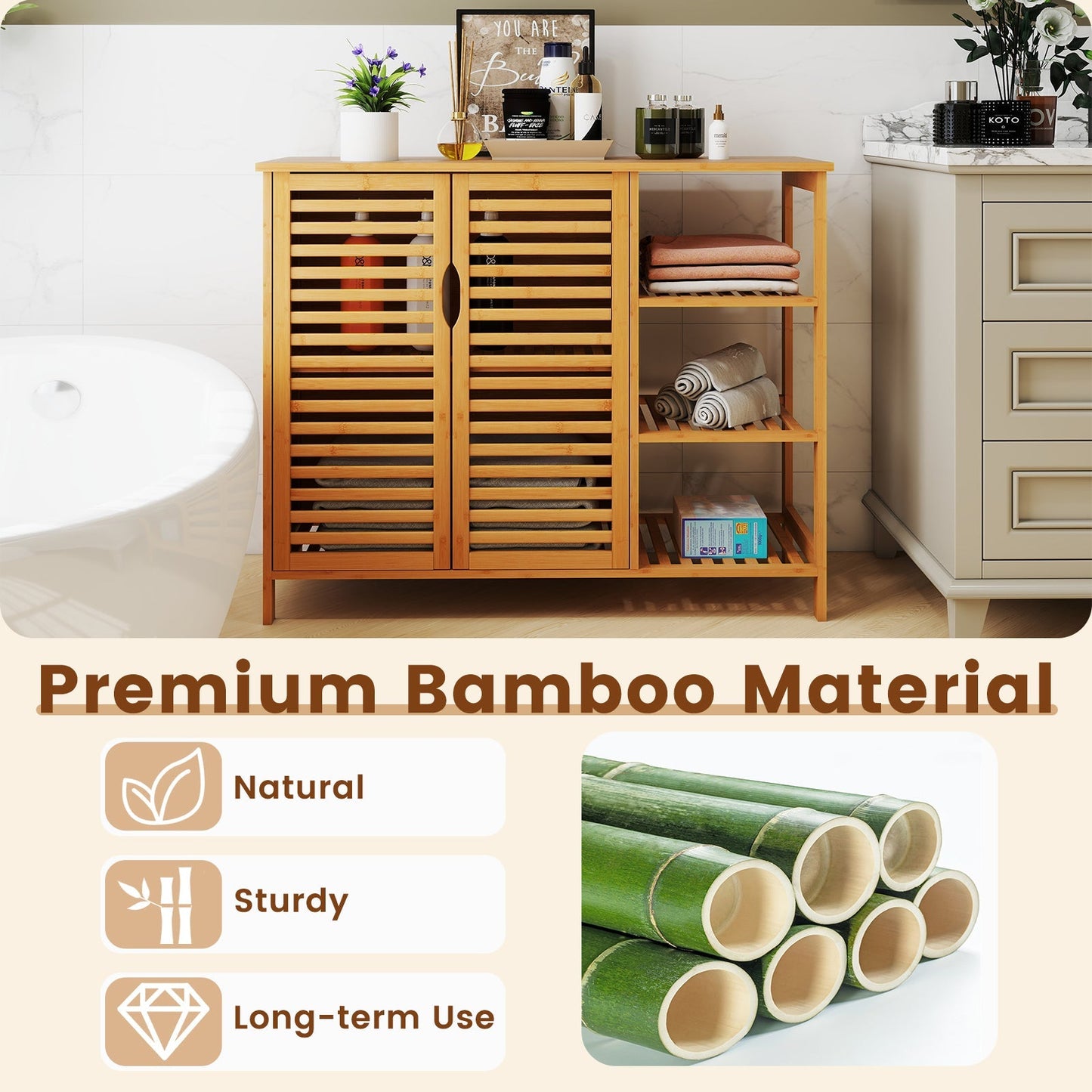 Bamboo Bathroom Cabinet 2-Door Storage Organizer with Shelves-Natural