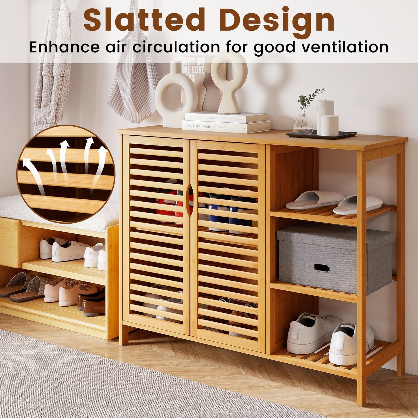 Bamboo Bathroom Cabinet 2-Door Storage Organizer with Shelves-Natural
