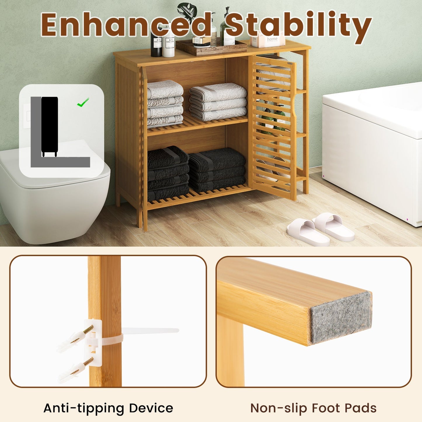 Bamboo Bathroom Cabinet 2-Door Storage Organizer with Shelves-Natural