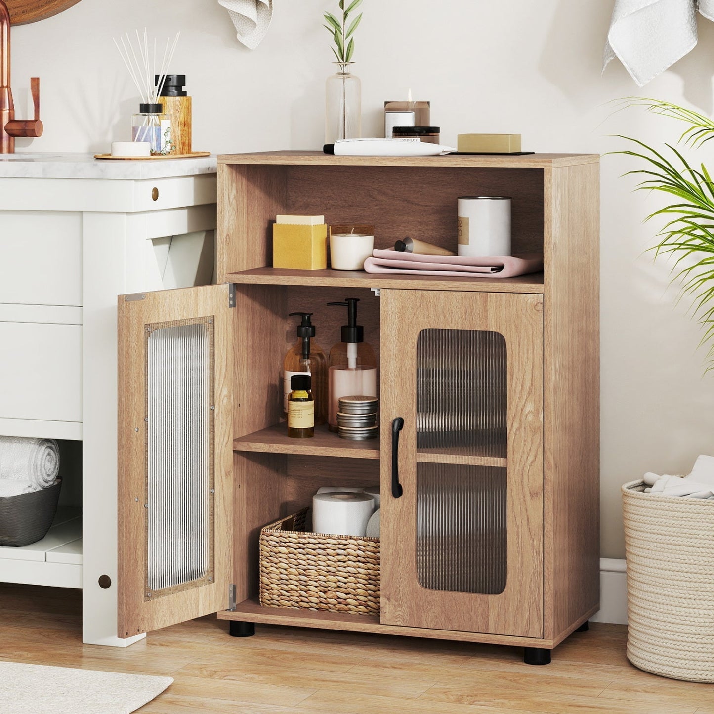 Bathroom Cabinet Freestanding Cabinet with 2 Doors and 3-Level Adjustable Shelf