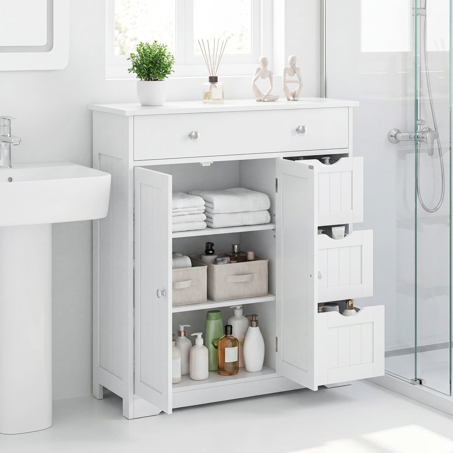 Bathroom Floor Cabinet with 4 Drawers and 2 Doors - White