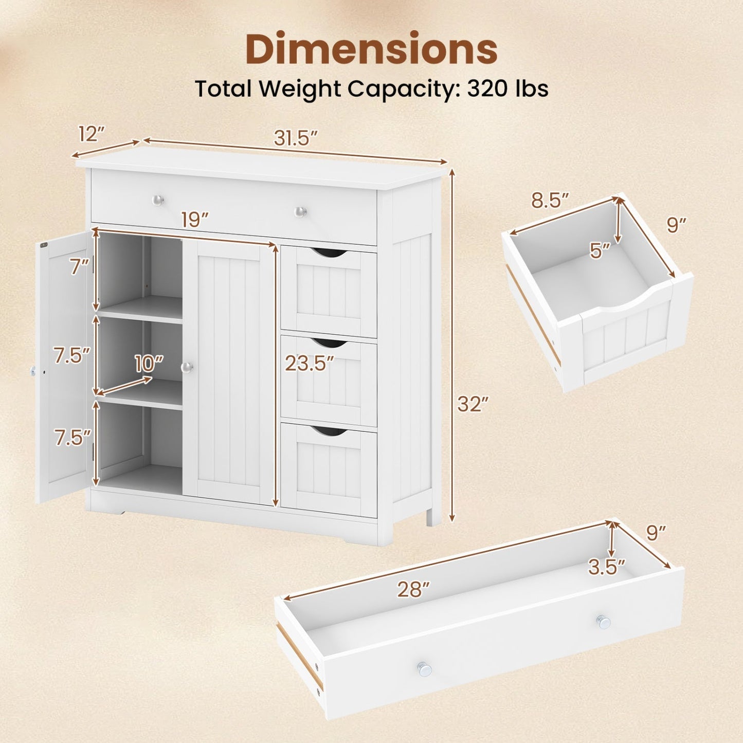 Bathroom Floor Cabinet with 4 Drawers and 2 Doors - White