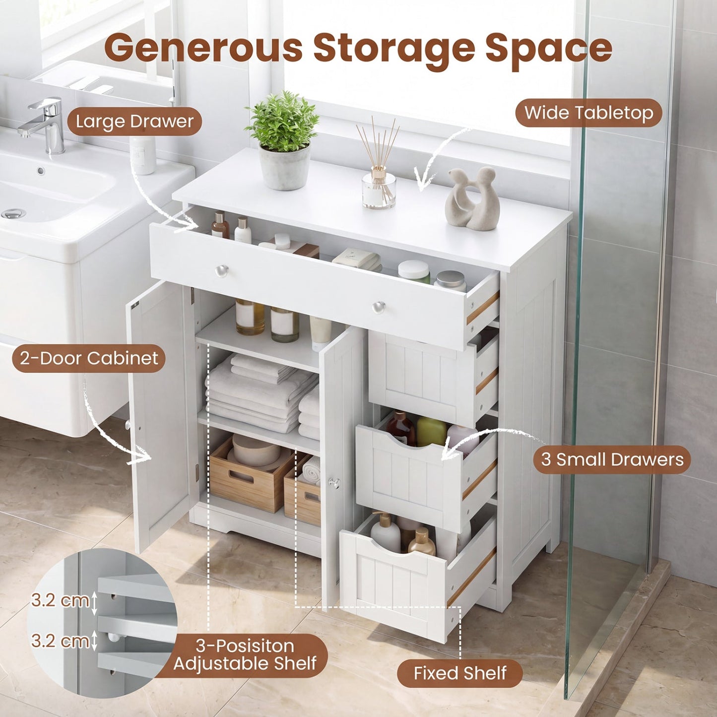 Bathroom Floor Cabinet with 4 Drawers and 2 Doors - White