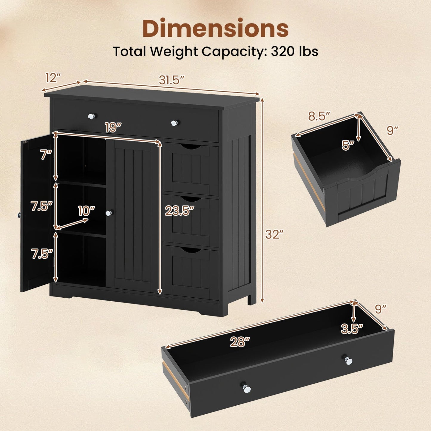 Bathroom Floor Cabinet with 4 Drawers and 2 Doors - White