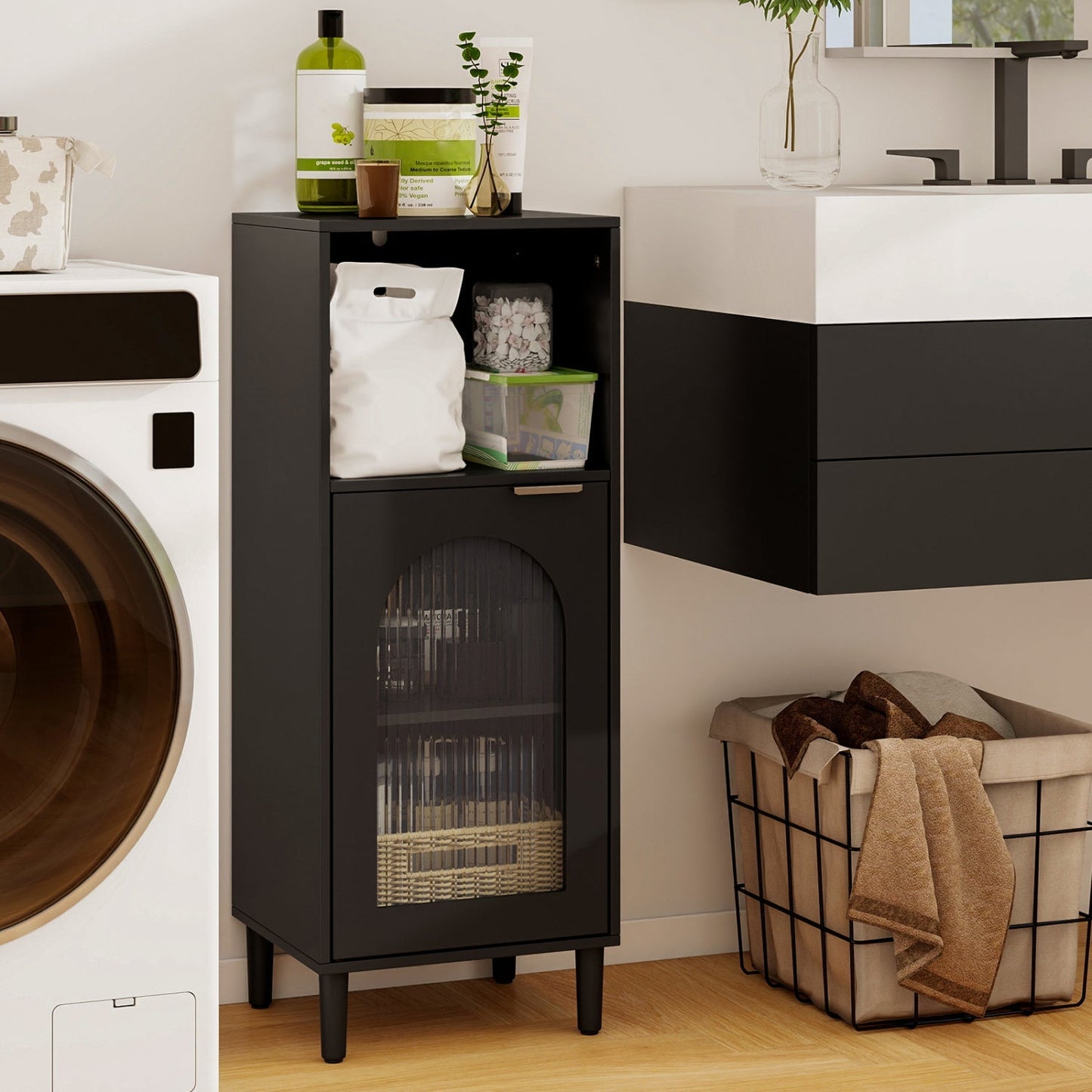 Bathroom Floor Cabinet with Adjustable Shelf and Glass Door