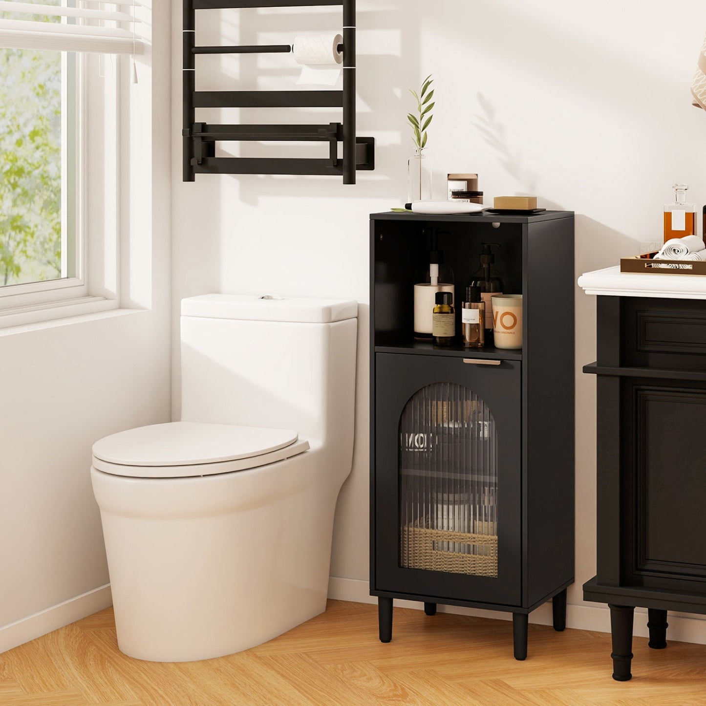 Bathroom Floor Cabinet with Adjustable Shelf and Glass Door