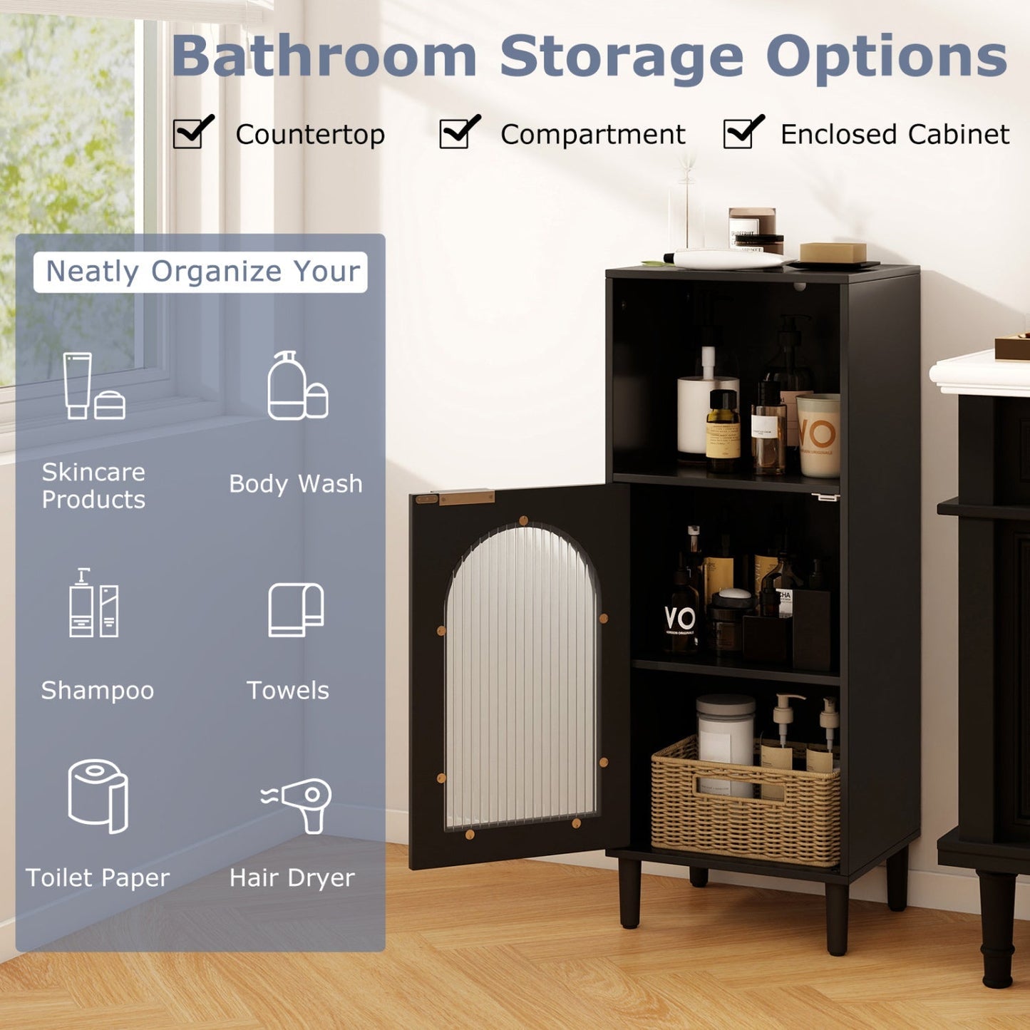 Bathroom Floor Cabinet with Adjustable Shelf and Glass Door