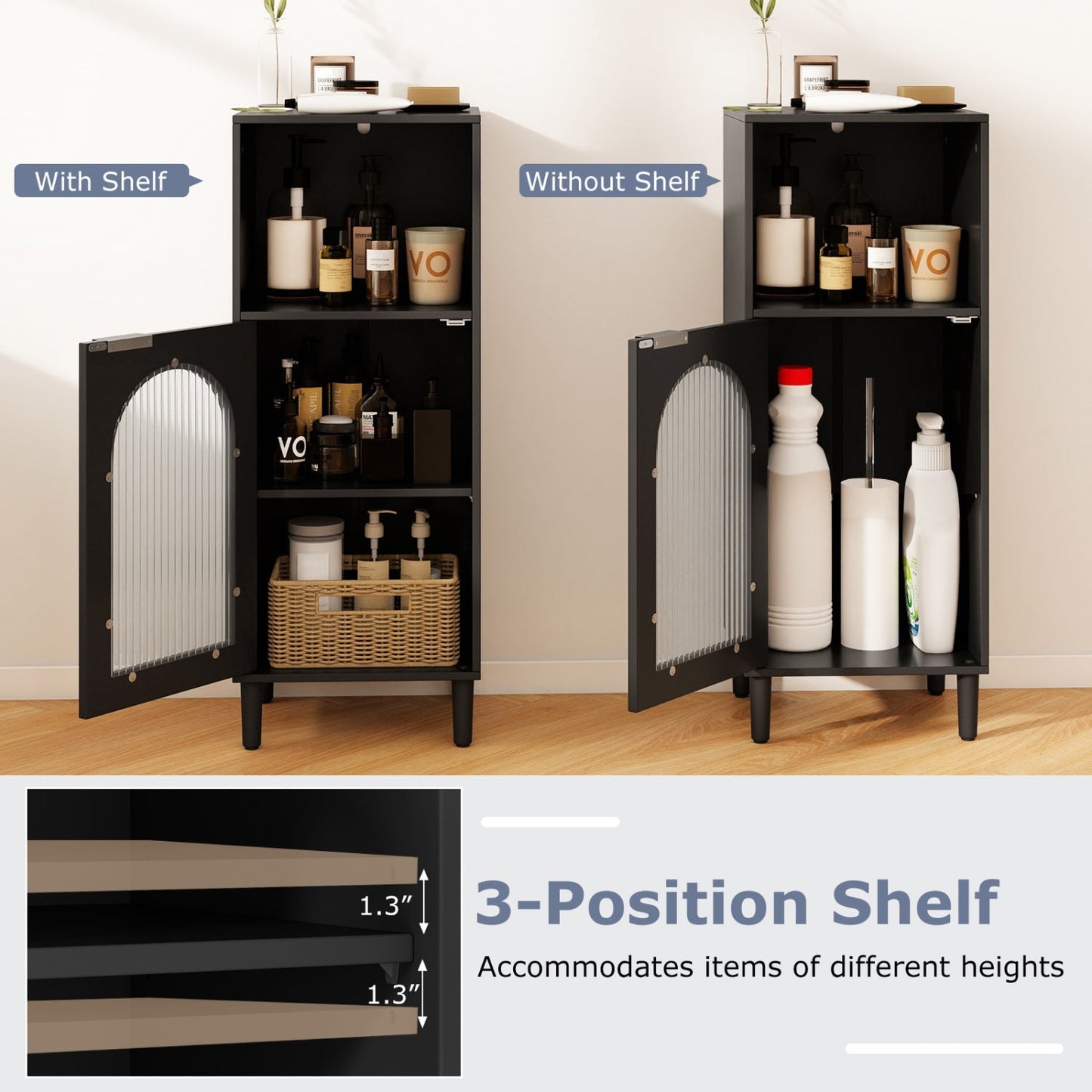 Bathroom Floor Cabinet with Adjustable Shelf and Glass Door