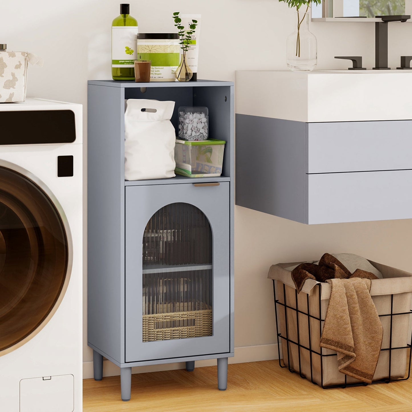 Bathroom Floor Cabinet with Adjustable Shelf and Glass Door