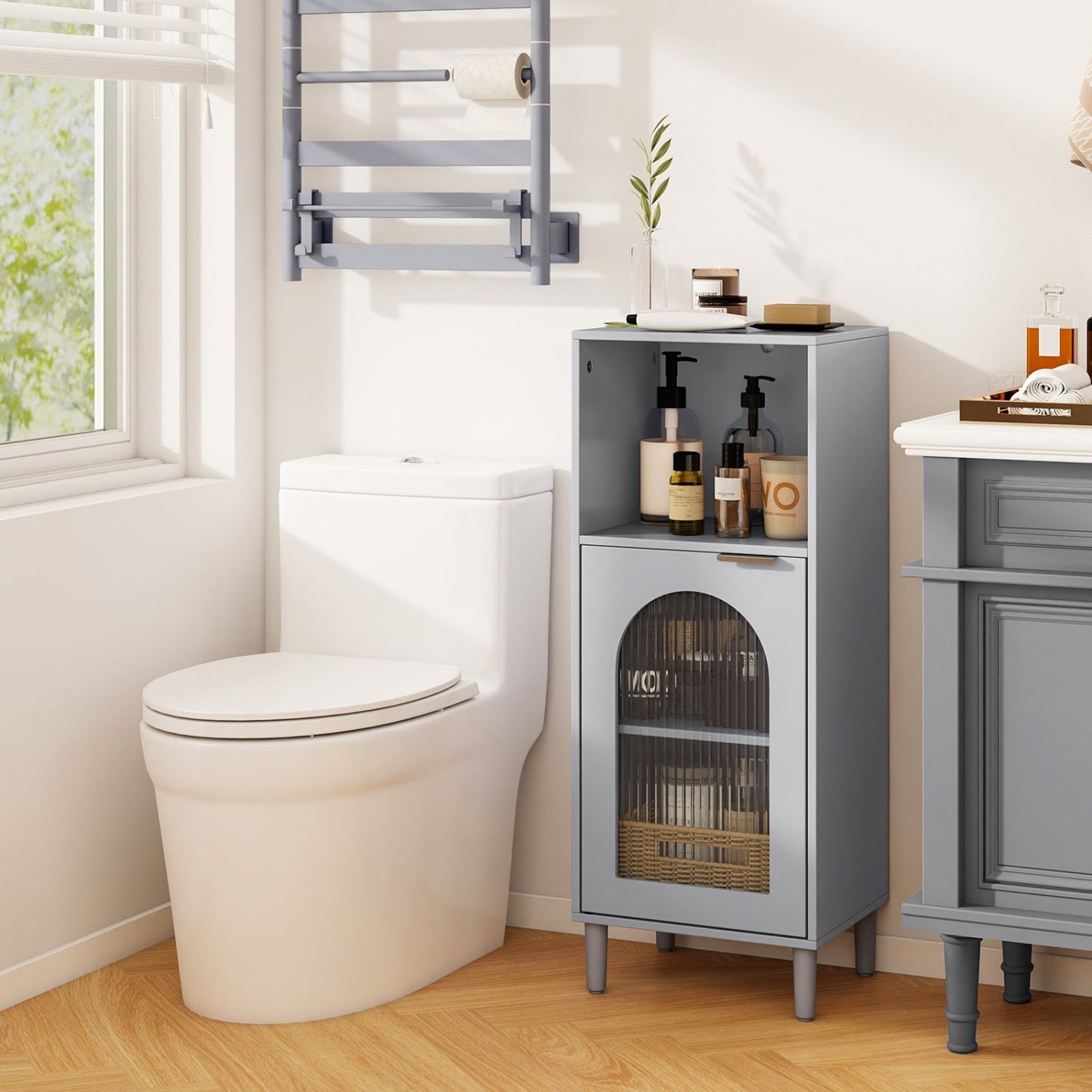 Bathroom Floor Cabinet with Adjustable Shelf and Glass Door
