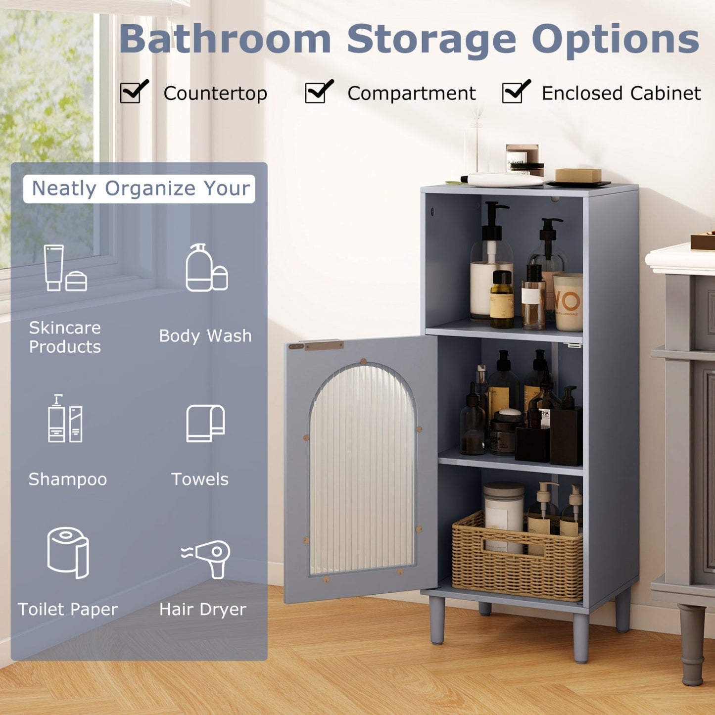 Bathroom Floor Cabinet with Adjustable Shelf and Glass Door