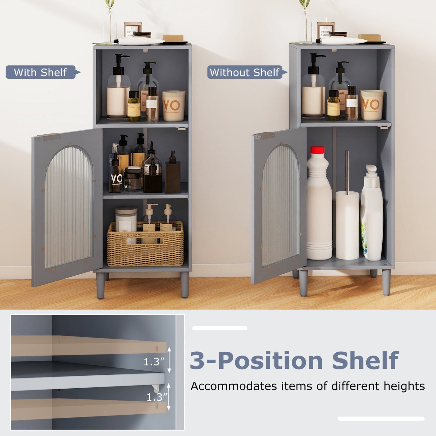 Bathroom Floor Cabinet with Adjustable Shelf and Glass Door