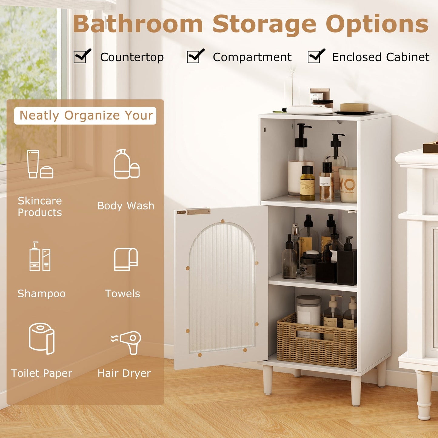 Bathroom Floor Cabinet Wood Side Storage Organizer with Adjustable Shelf-White