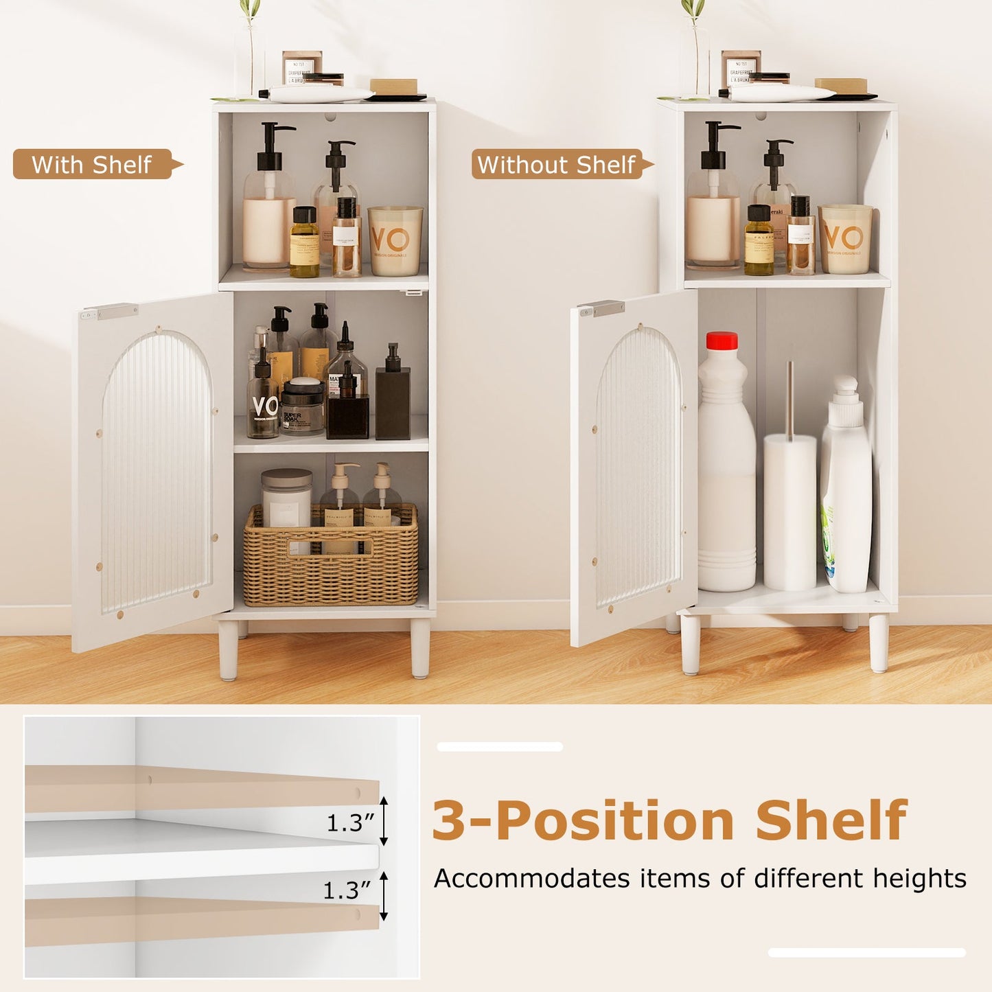 Bathroom Floor Cabinet Wood Side Storage Organizer with Adjustable Shelf-White