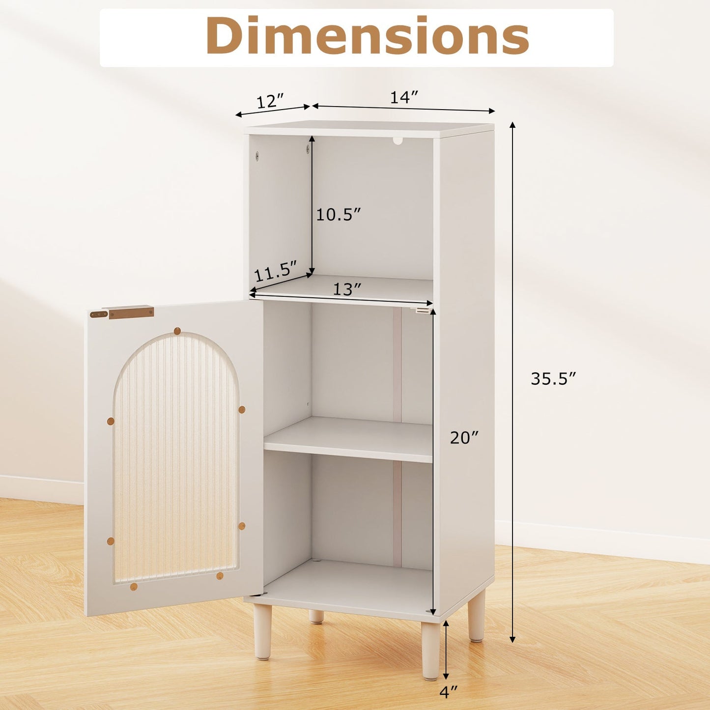 Bathroom Floor Cabinet Wood Side Storage Organizer with Adjustable Shelf-White