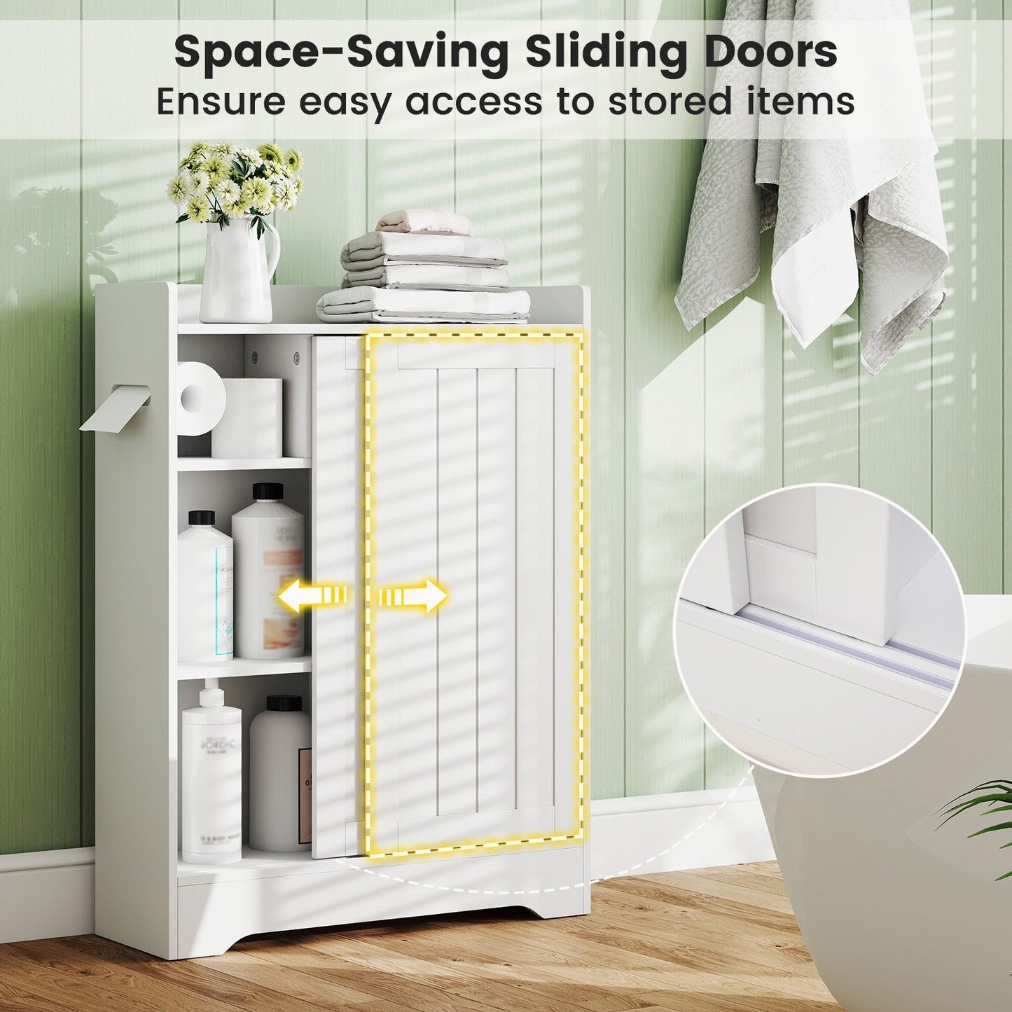 Bathroom Storage Cabinet Slim Floor Cabinet with Toilet Paper Holders-White