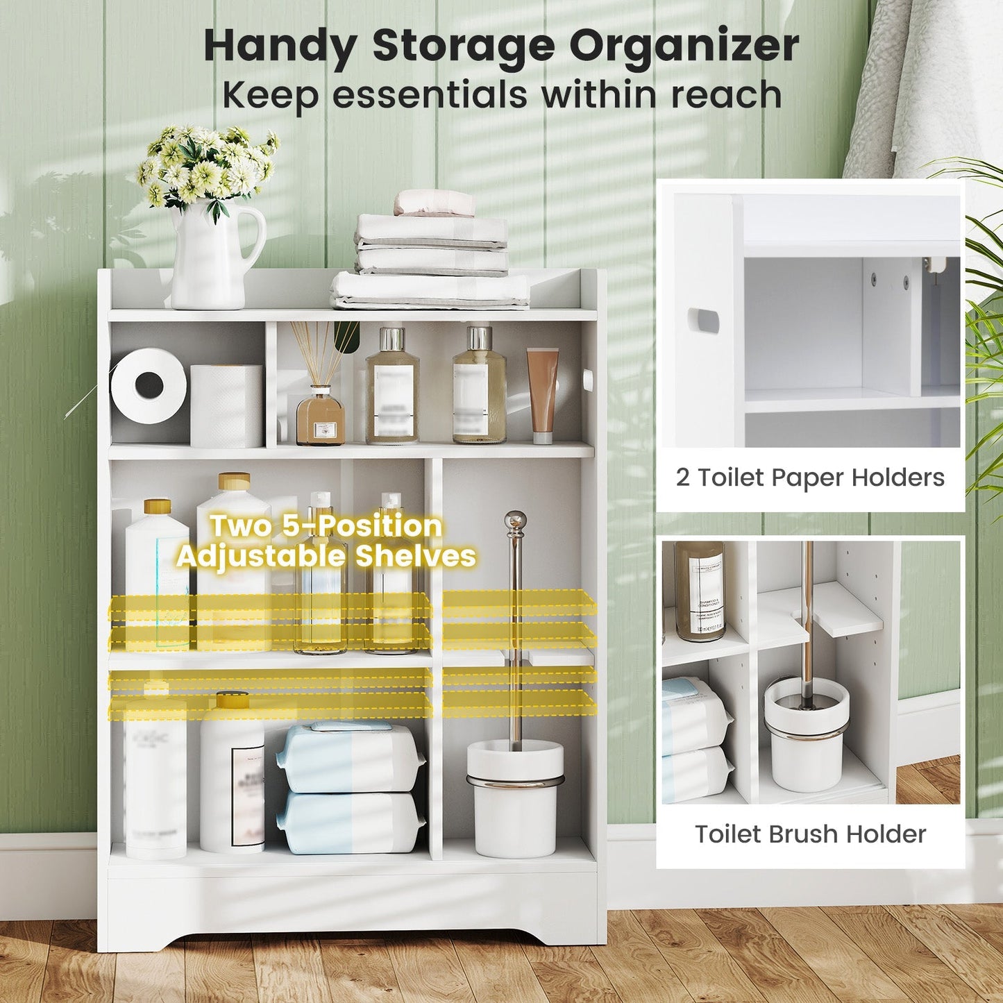 Bathroom Storage Cabinet Slim Floor Cabinet with Toilet Paper Holders-White