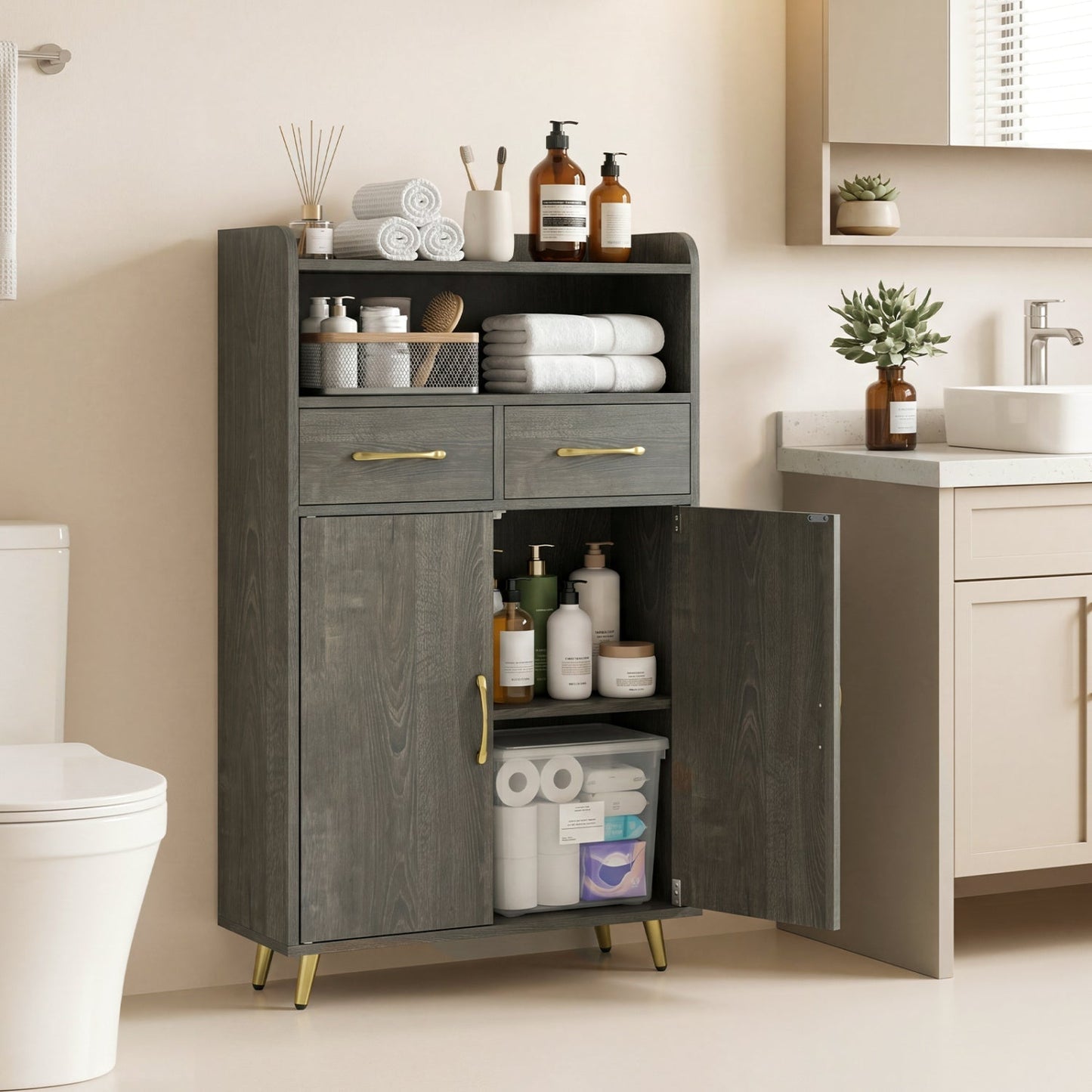Freestanding Bathroom Storage Cabinet with 2 Drawers & Doors