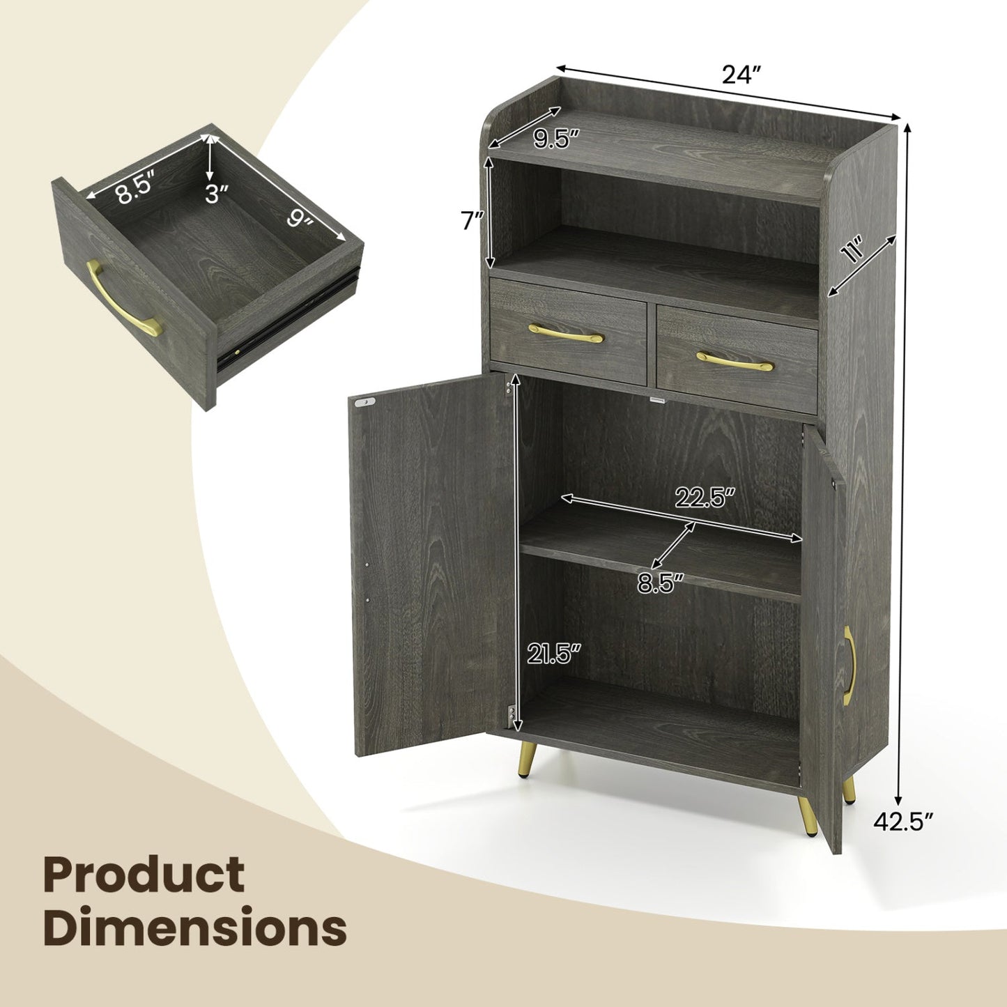 Freestanding Bathroom Storage Cabinet with 2 Drawers & Doors