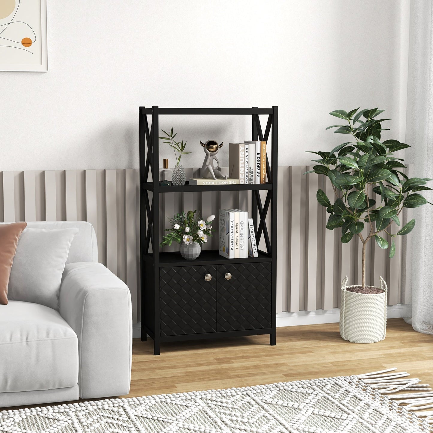 Bathroom Storage Cabinet with Open Shelves and Double Doors