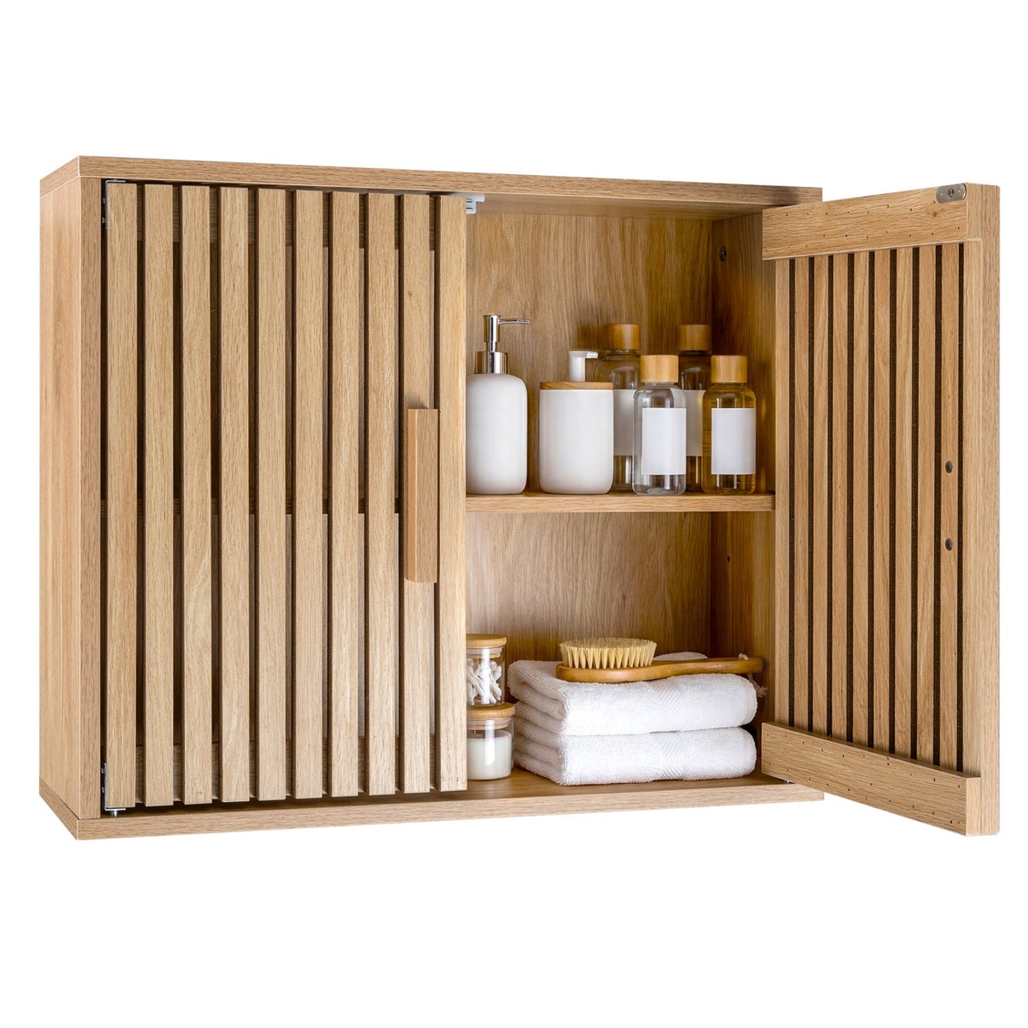 Bathroom Wall Cabinet with 2 Slatted Doors and 3-Level Adjustable Shelves