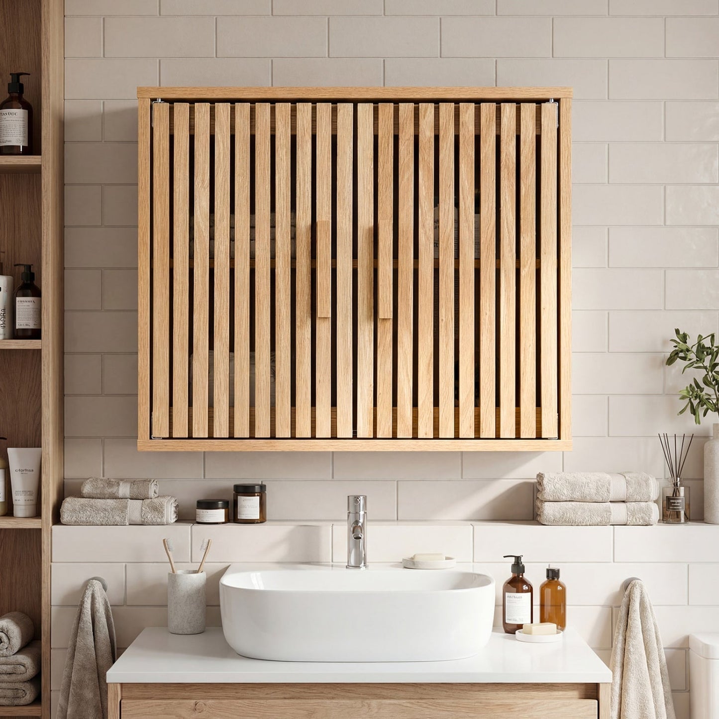 Bathroom Wall Cabinet with 2 Slatted Doors and 3-Level Adjustable Shelves