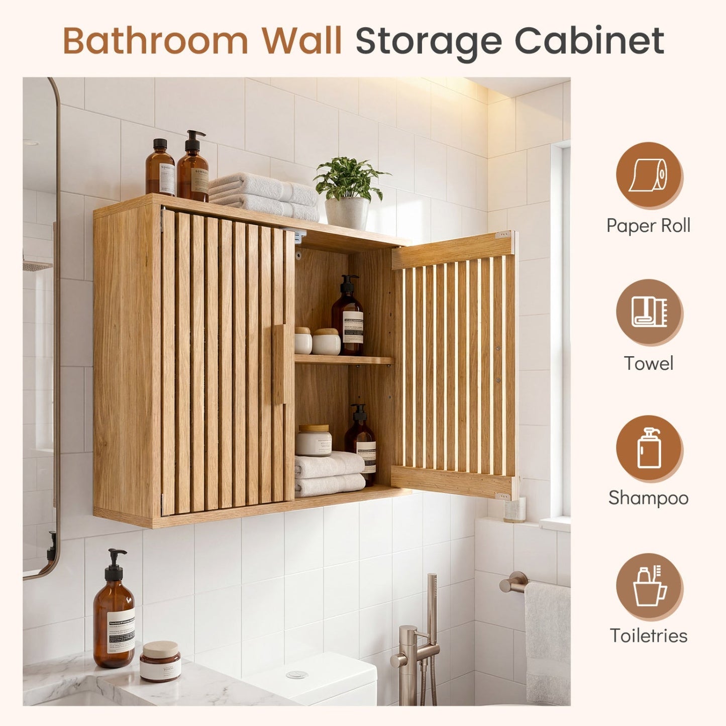 Bathroom Wall Cabinet with 2 Slatted Doors and 3-Level Adjustable Shelves