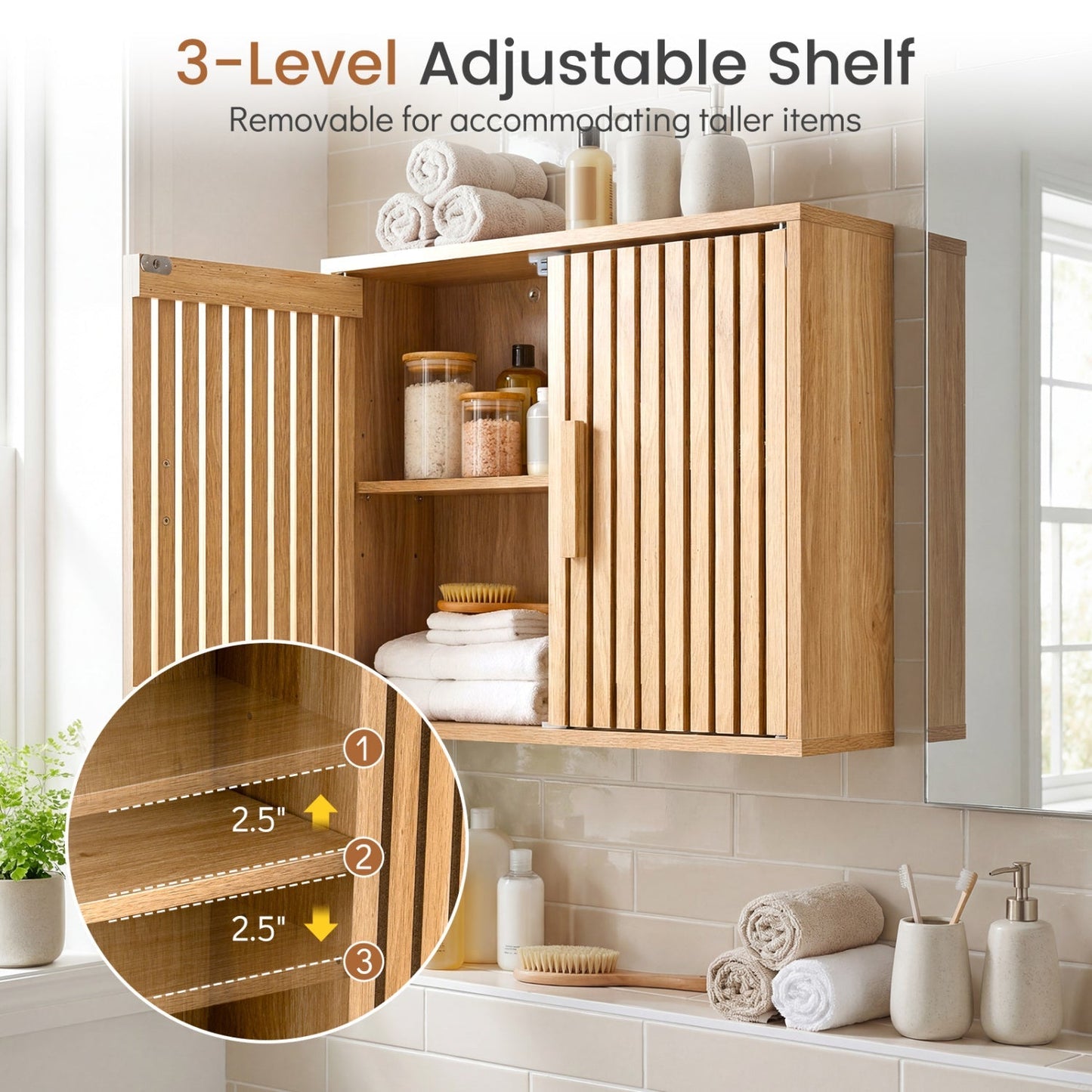 Bathroom Wall Cabinet with 2 Slatted Doors and 3-Level Adjustable Shelves