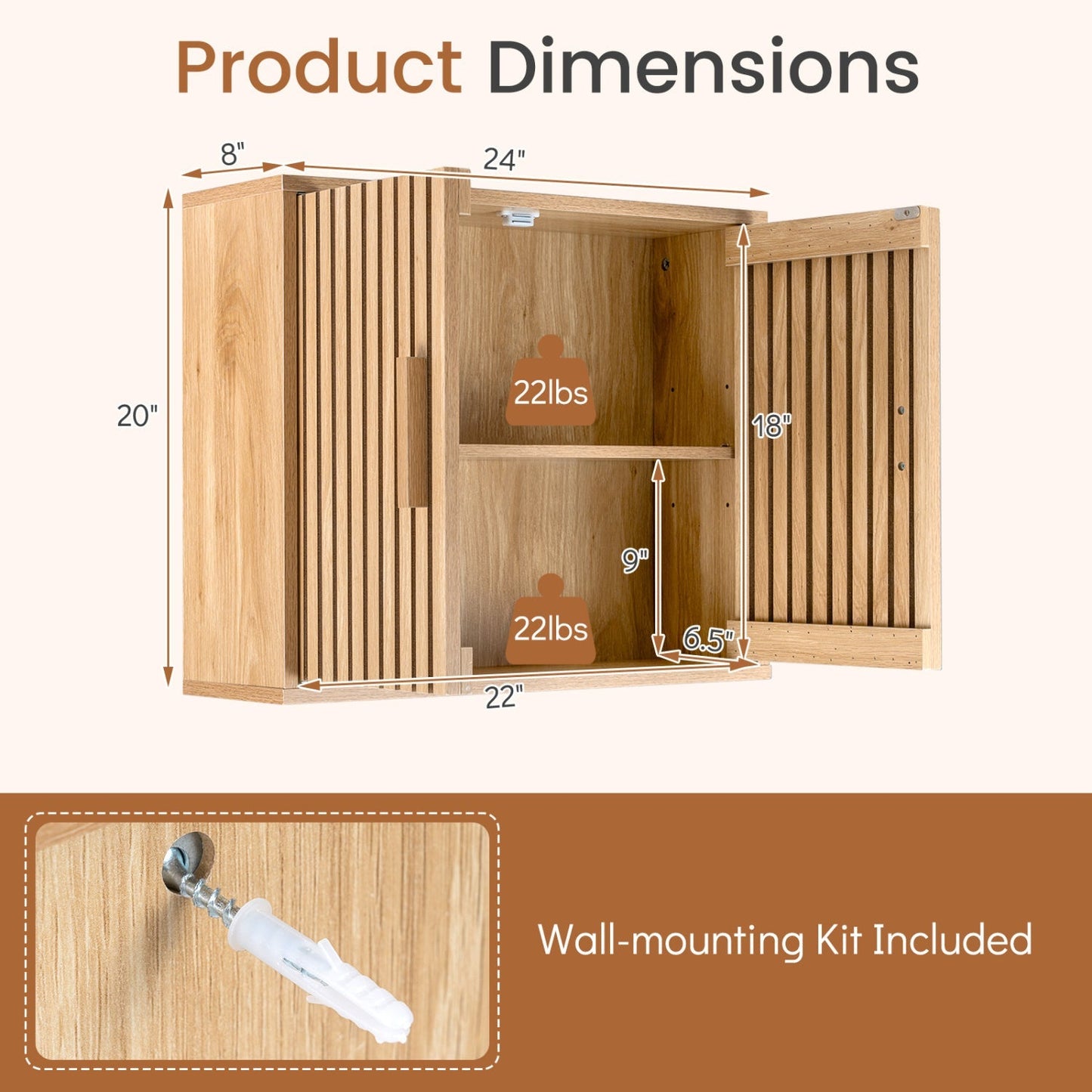 Bathroom Wall Cabinet with 2 Slatted Doors and 3-Level Adjustable Shelves