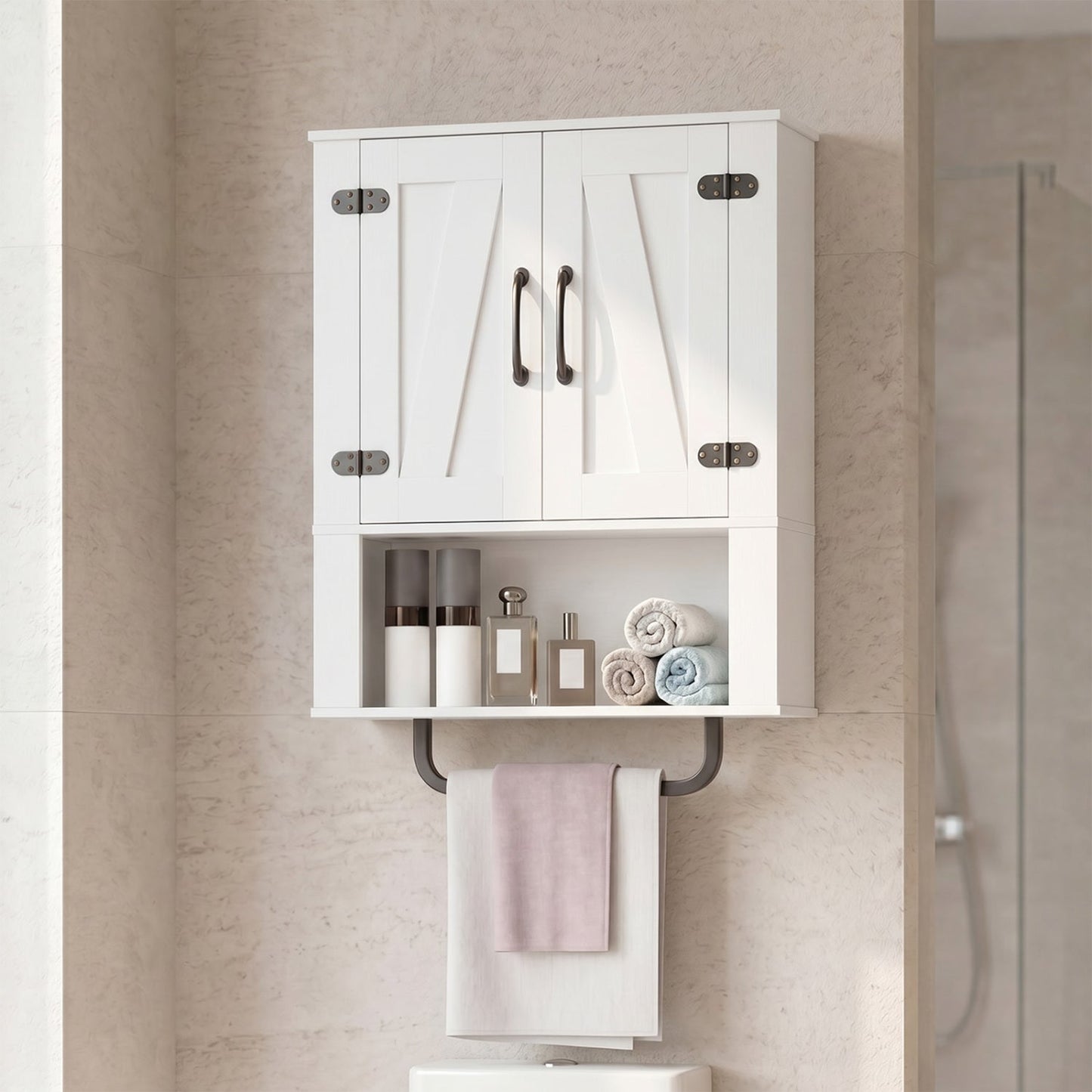 Bathroom Wall Cabinet with Barn Doors and Towel Bar