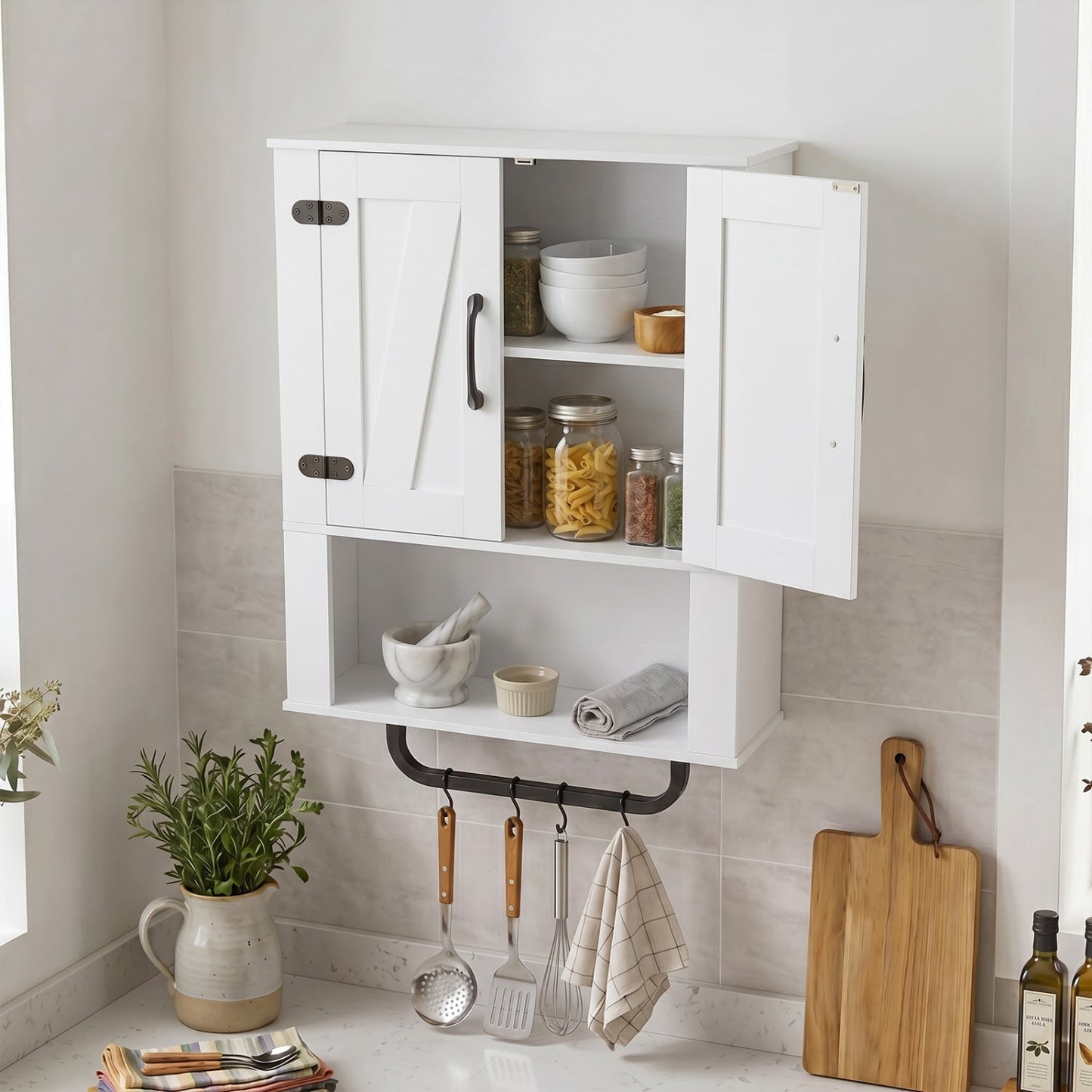 Bathroom Wall Cabinet with Barn Doors and Towel Bar