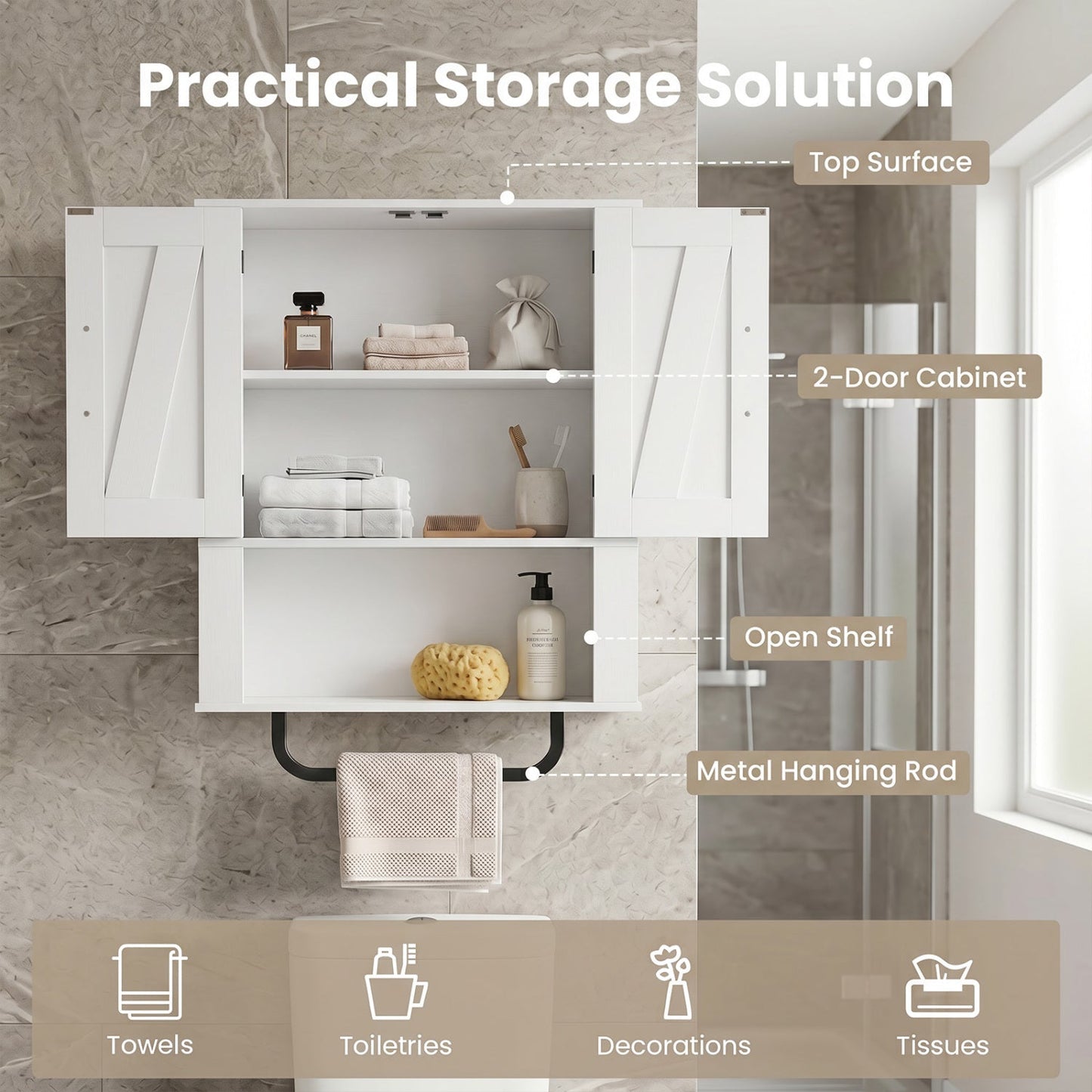 Bathroom Wall Cabinet with Barn Doors and Towel Bar